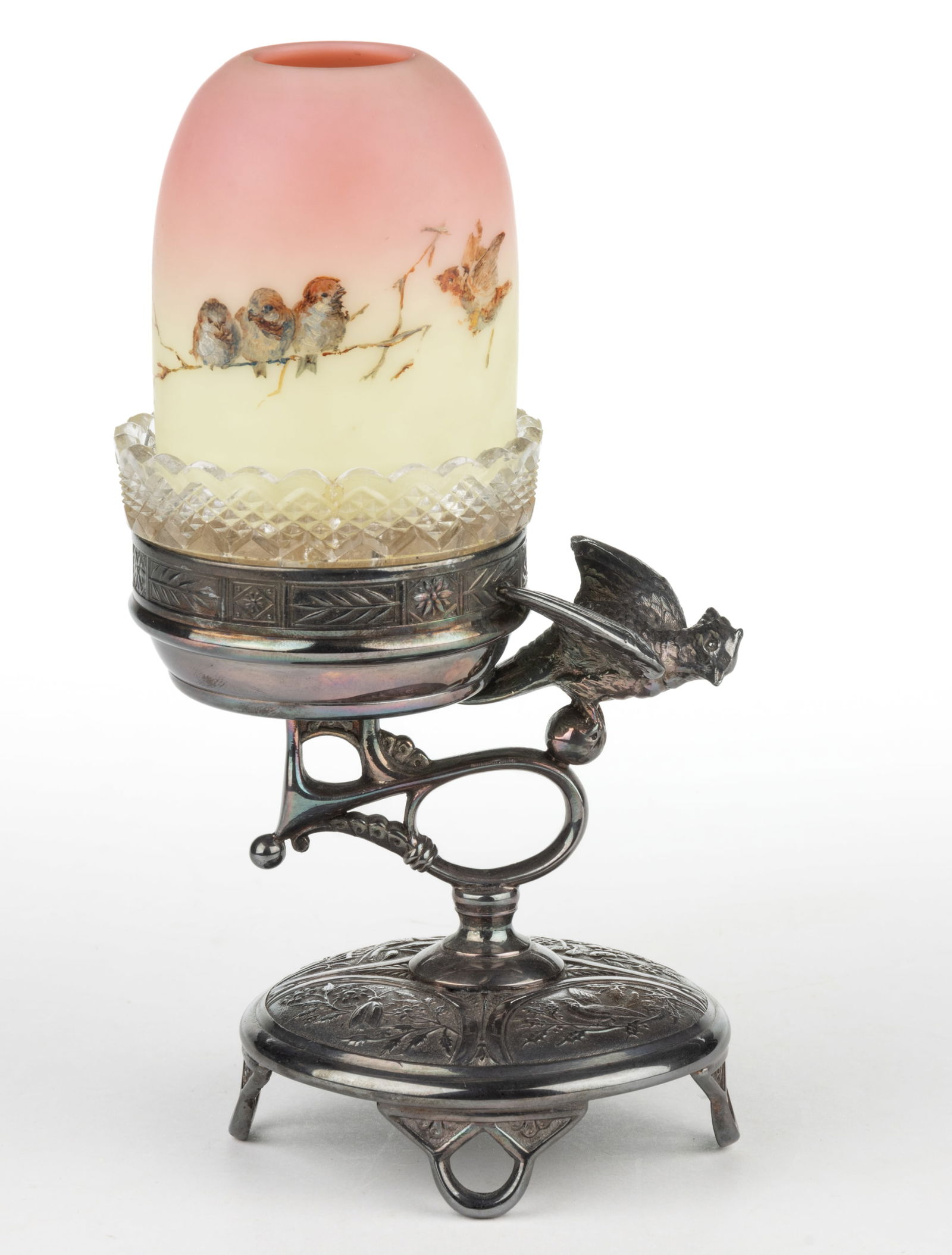 THOMAS WEBB BURMESE BIRD AND BRANCH DECORATED FAIRY LAMP: THOMAS WEBB BURMESE BIRD AND BRANCH DECORATED FAIRY LAMP, plush finish with bird and branch decoration, pyramid-size dome, three-part construction comprising the dome fitted on a colorl