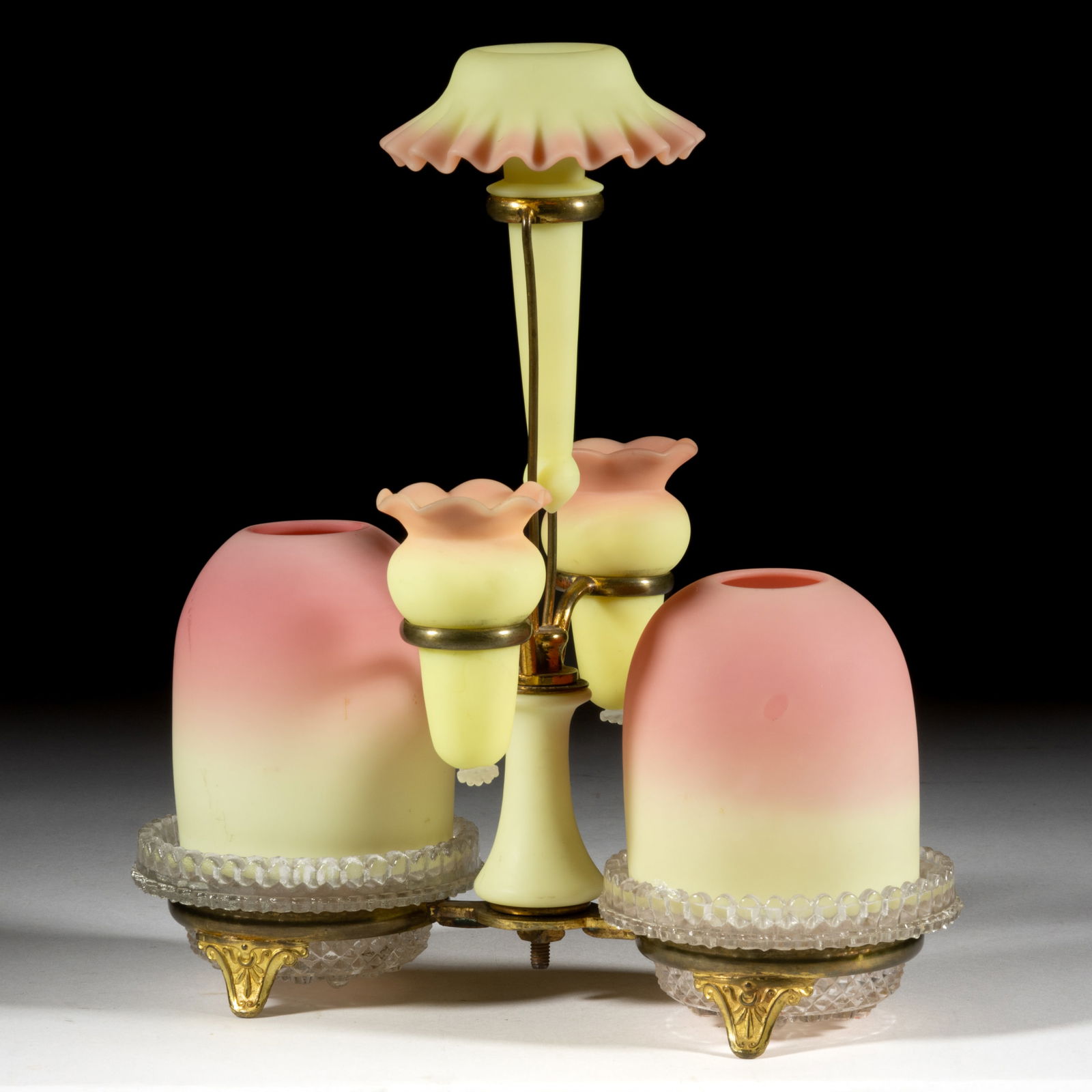 THOMAS WEBB BURMESE EPERGNE FAIRY LAMP: THOMAS WEBB BURMESE EPERGNE FAIRY LAMP, plush finish, two fairy-size domes, multi-part construction comprising a brass double-arm epergne, central large bud vase over two smal
