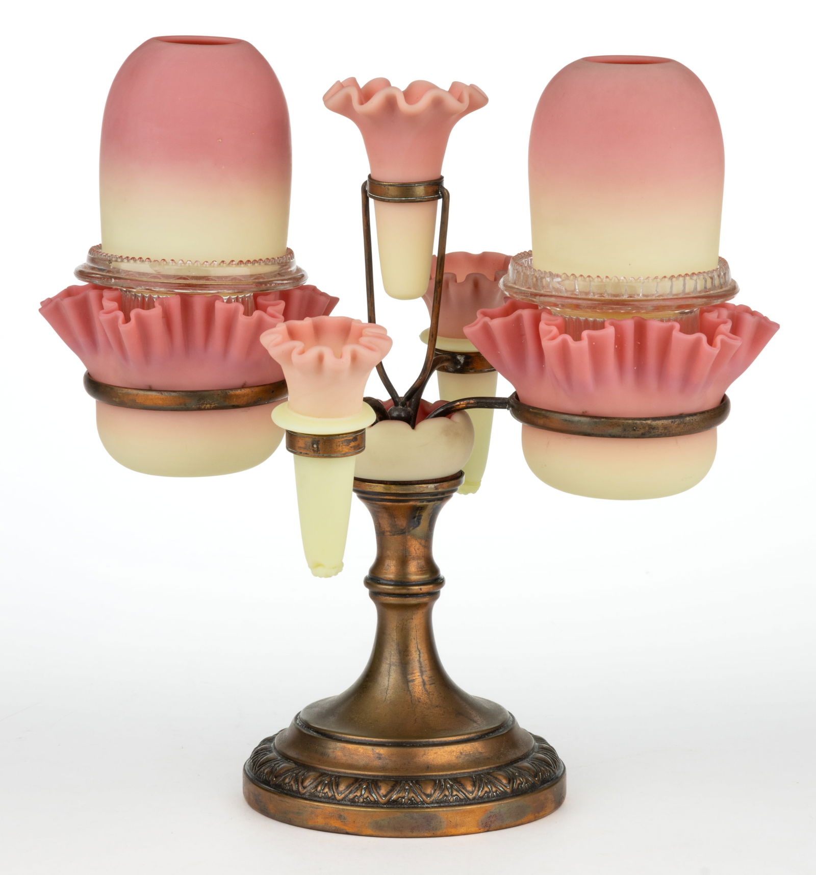 THOMAS WEBB BURMESE EPERGNE FAIRY LAMP:  THOMAS WEBB BURMESE EPERGNE FAIRY LAMP, plush finish, two pyramid-size domes, multi-part construction comprising a brass double-arm epergne with a stamped circular-form foot, one centr