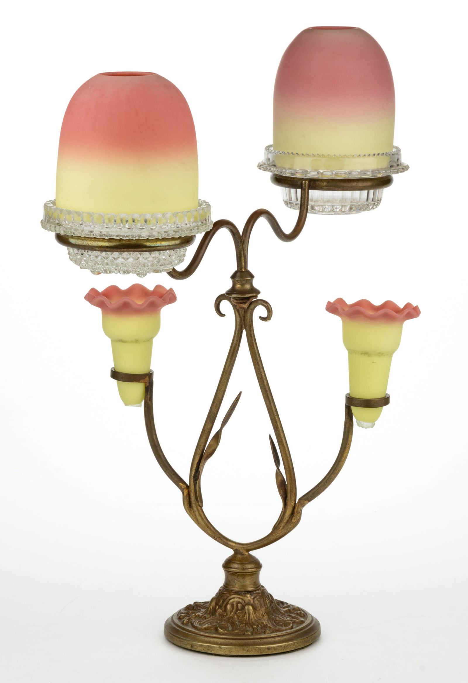 THOMAS WEBB BURMESE EPERGNE FAIRY LAMP: THOMAS WEBB BURMESE EPERGNE FAIRY LAMP, plush finish, two fairy-size domes with variance in height, multi-part construction comprising each dome fitted on a colorless Clarke&#
