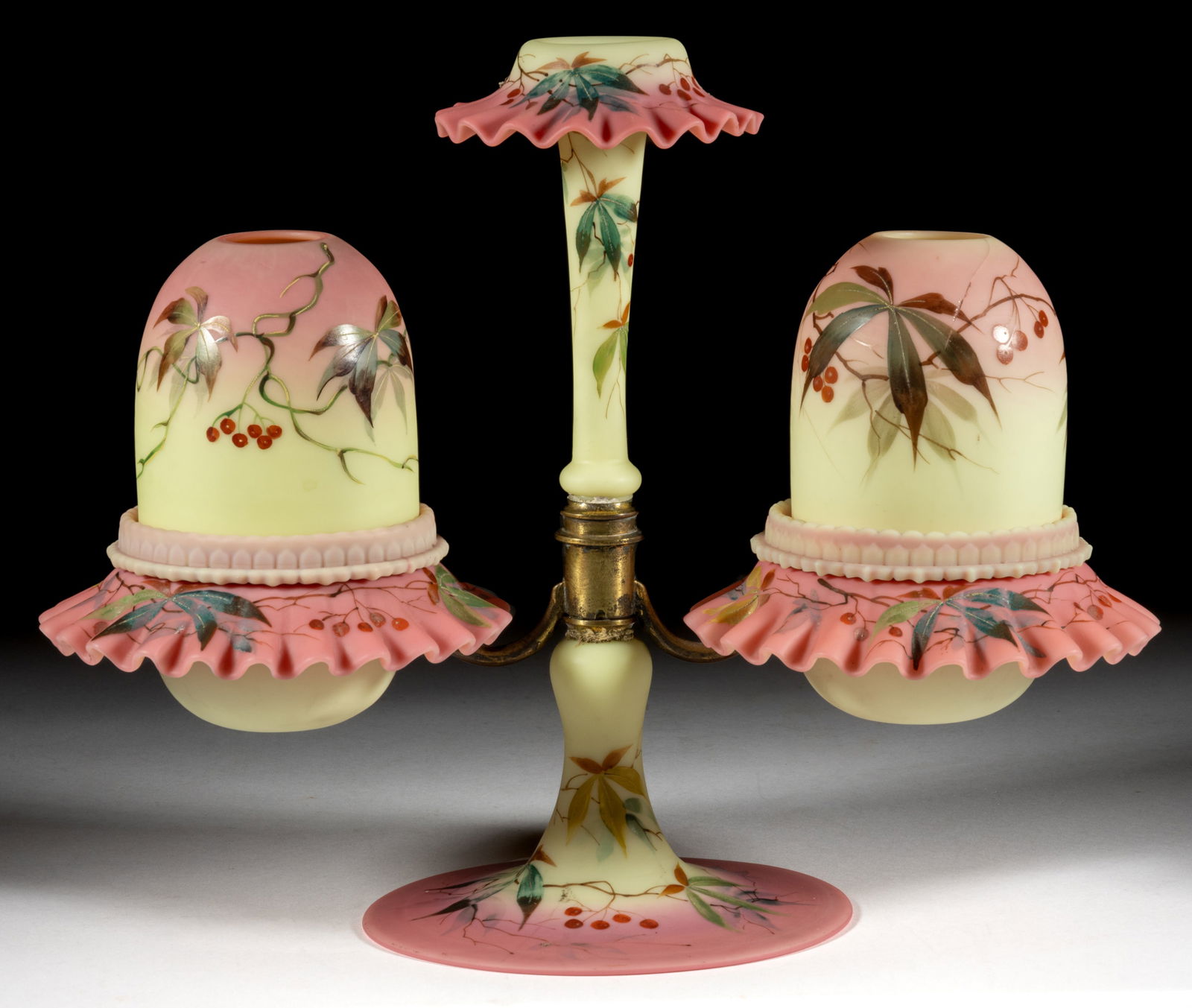 THOMAS WEBB BURMESE "WOODBINE" DECORATED EPERGNE FAIRY LAMP: THOMAS WEBB BURMESE "WOODBINE" DECORATED EPERGNE FAIRY LAMP, plush finish with overall matching vine and berry decoration, two matching decorated fairy-size domes, multi-part construction co