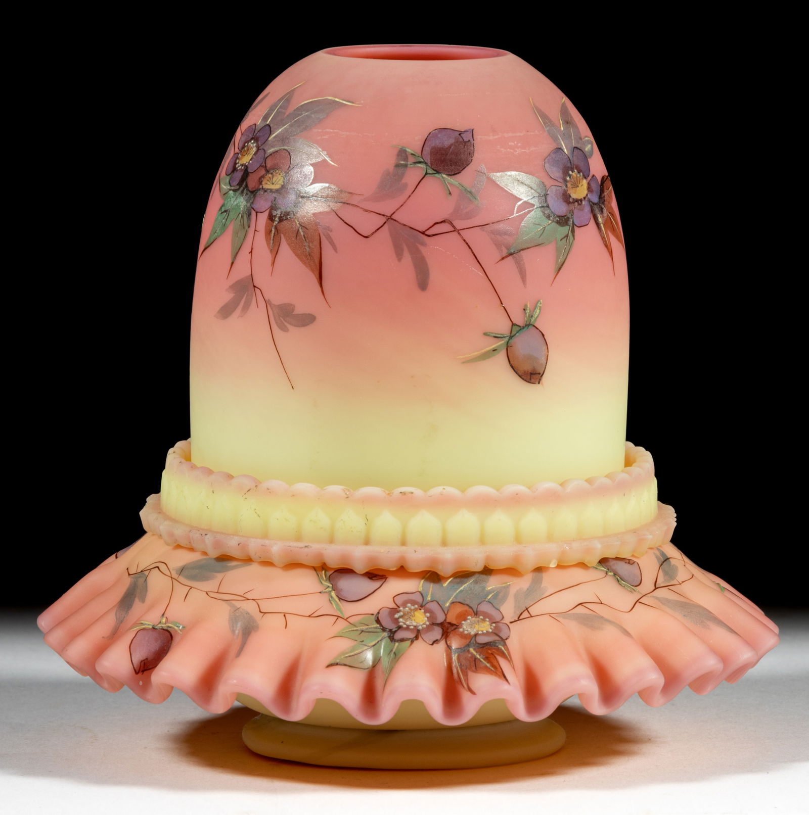 THOMAS WEBB BURMESE "PRUNUS" DECORATED FAIRY LAMP: THOMAS WEBB BURMESE "PRUNUS" DECORATED FAIRY LAMP, plush finish, fairy-size dome, three-part construction comprising the dome fitted on a Burmese Clarke's ribbed patterned