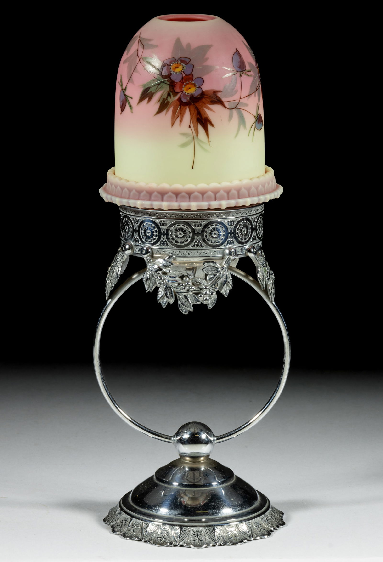 THOMAS WEBB BURMESE "PRUNUS" DECORATED FAIRY LAMP: THOMAS WEBB BURMESE "PRUNUS" DECORATED FAIRY LAMP, plush finish, fairy-size dome, three-part construction comprising the dome fitted on a Burmese Clarke's ribbed patt