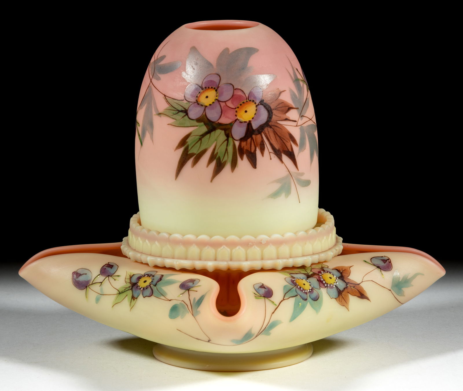 THOMAS WEBB BURMESE "PRUNUS" DECORATED FAIRY LAMP: THOMAS WEBB BURMESE "PRUNUS" DECORATED FAIRY LAMP, plush finish, fairy-size dome, four-part construction comprising the dome fitted on a Burmese Clarke's ribbed patterned