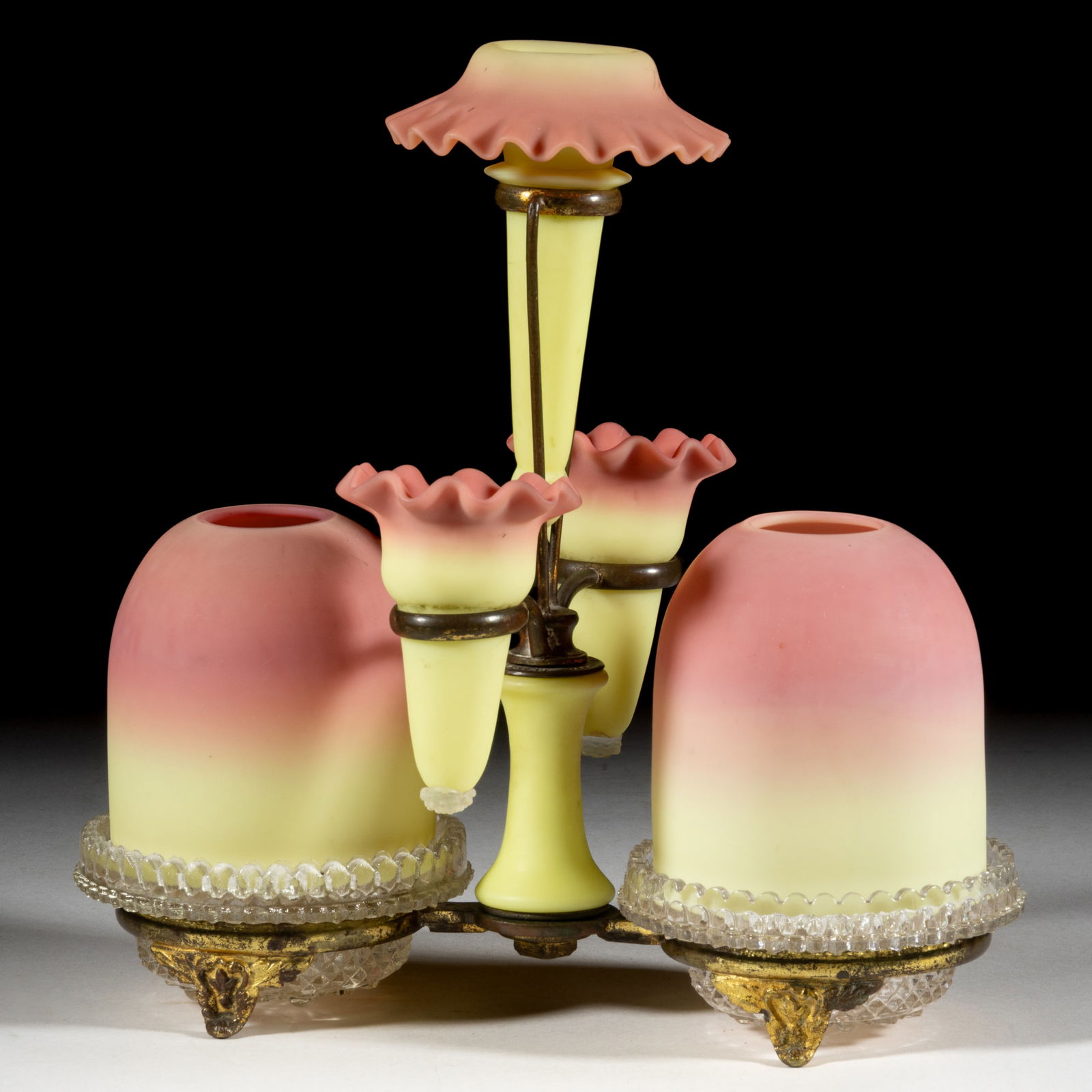 THOMAS WEBB BURMESE EPERGNE FAIRY LAMP: THOMAS WEBB BURMESE EPERGNE FAIRY LAMP, plush finish, two fairy-size domes, multi-part construction comprising a brass double arm epergne, central large bud vase over two smal