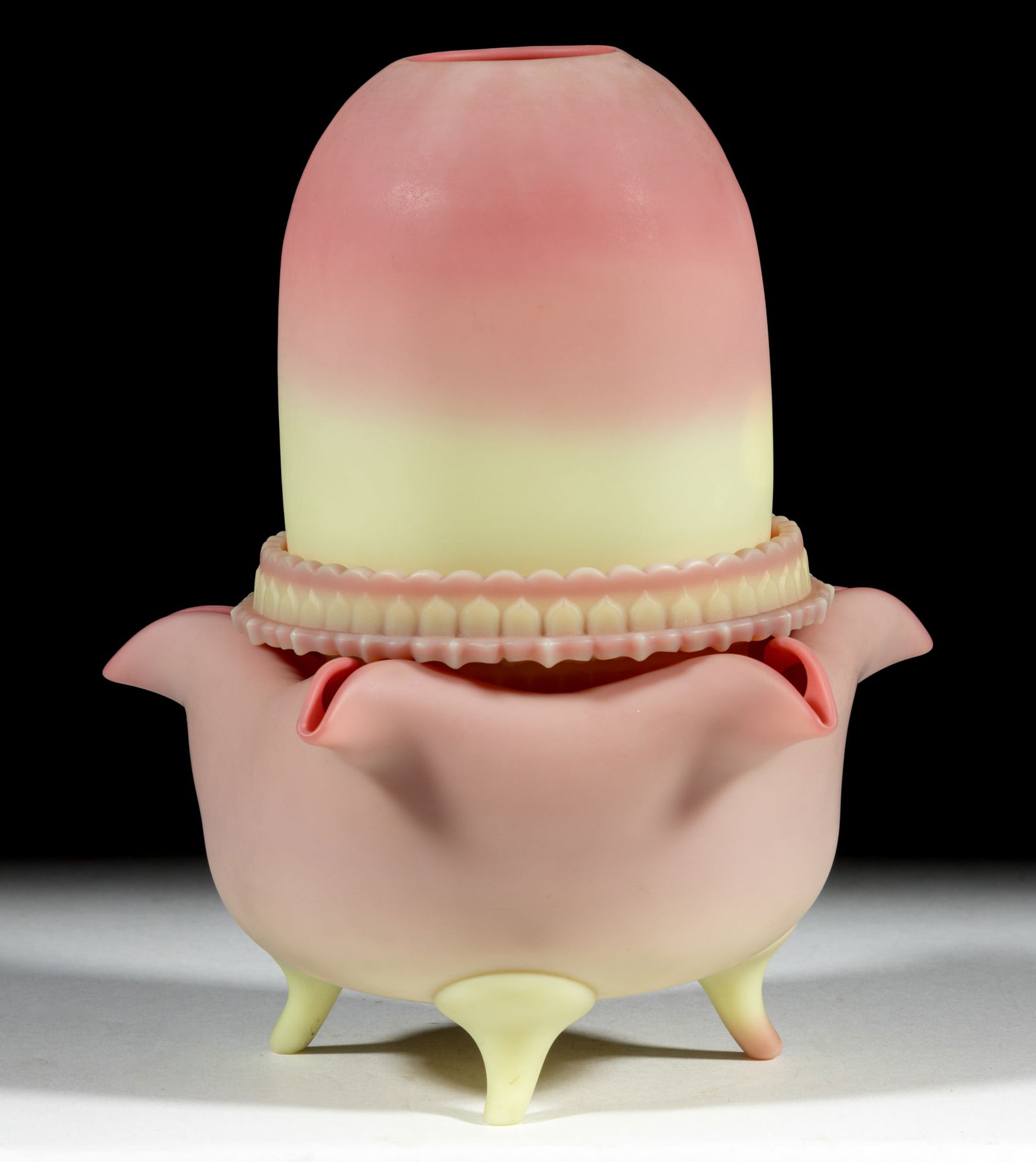 THOMAS WEBB BURMESE FAIRY LAMP: THOMAS WEBB BURMESE FAIRY LAMP, plush finish, fairy-size dome, four-part construction comprising the dome fitted on a Burmese Clarke's ribbed patterned candle lamp base embossed &qu