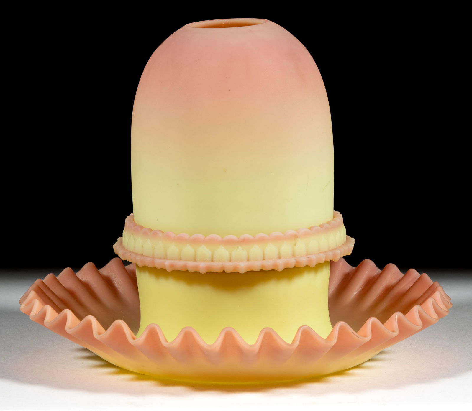 THOMAS WEBB BURMESE FAIRY LAMP: THOMAS WEBB BURMESE FAIRY LAMP, plush finish, fairy-size dome, three-part construction comprising the dome fitted on a Burmese S. Clarke ribbed patterned candle lamp base embossed "S. C