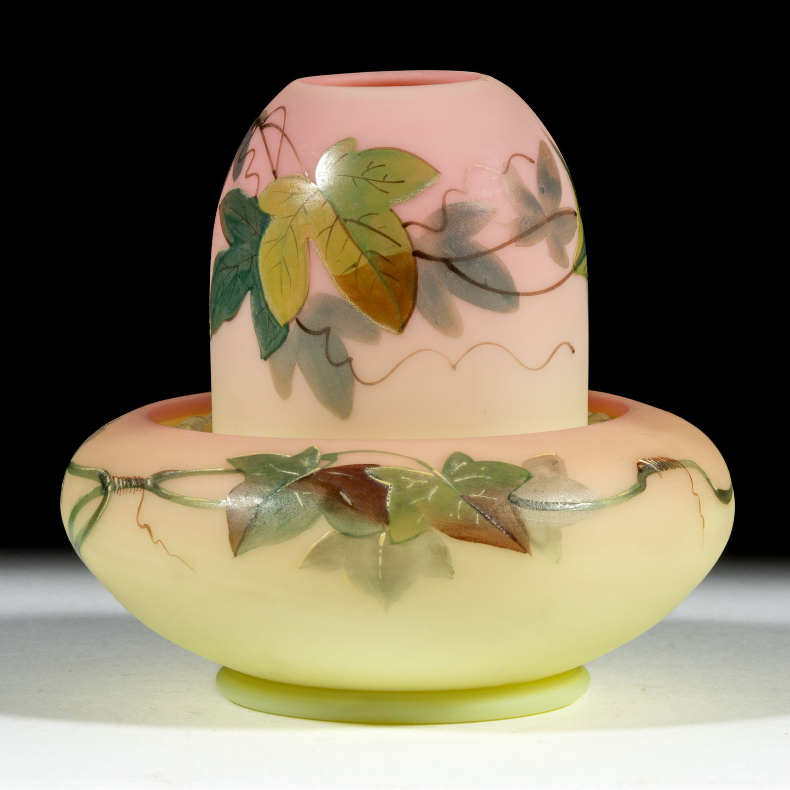 THOMAS WEBB BURMESE IVY DECORATED FAIRY LAMP: THOMAS WEBB BURMESE IVY DECORATED FAIRY LAMP, plush finish, pyramid-size dome, three-part construction comprising the dome fitted on a colorless Clarke's diamond patterned candle la