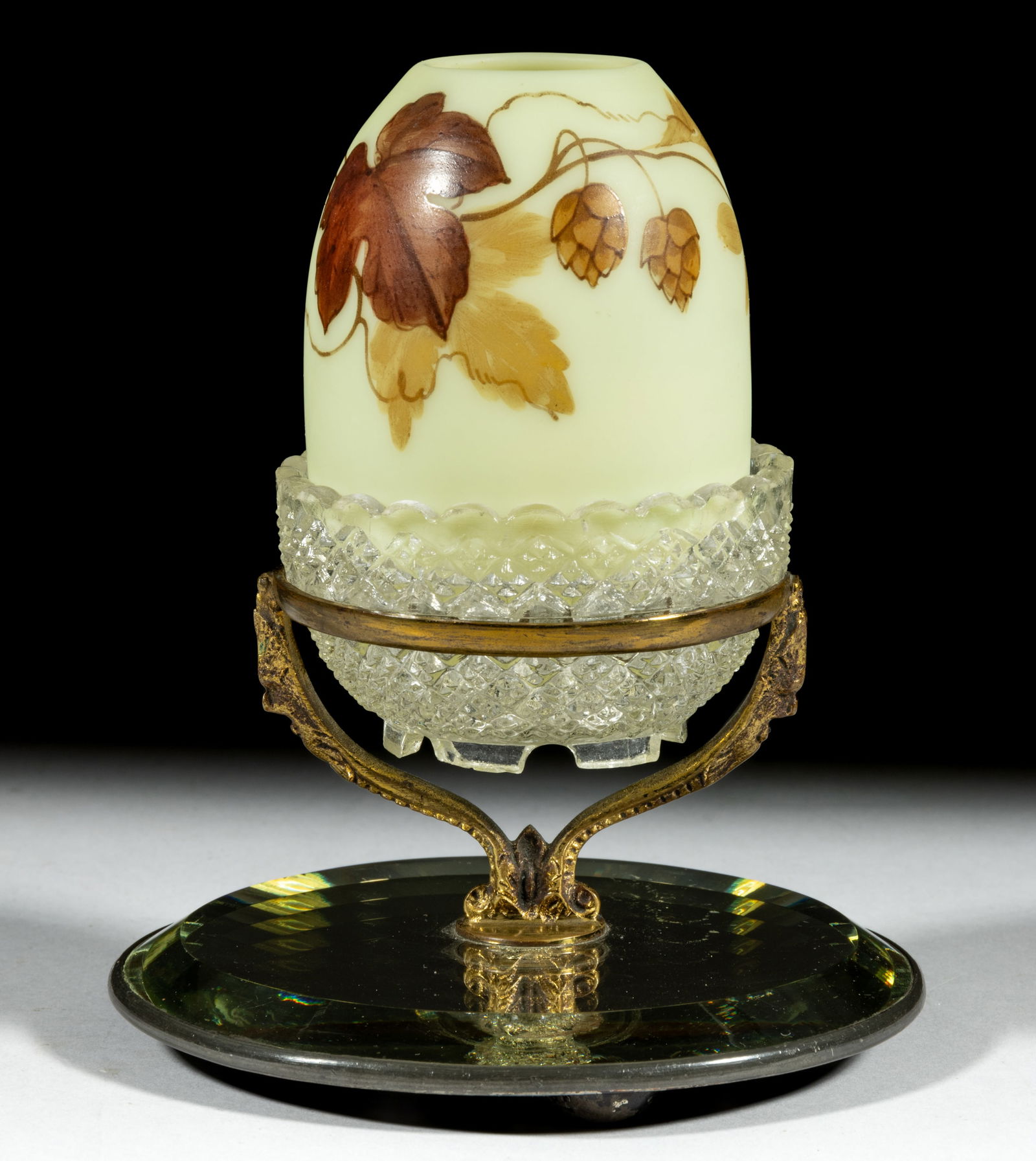 THOMAS WEBB WHITE BURMESE HOPS DECORATED FAIRY LAMP: THOMAS WEBB WHITE BURMESE HOPS DECORATED FAIRY LAMP, cream with plush finish and multi-tones of brown foliage and hops decoration, pyramid-size dome, three-part construction comprising