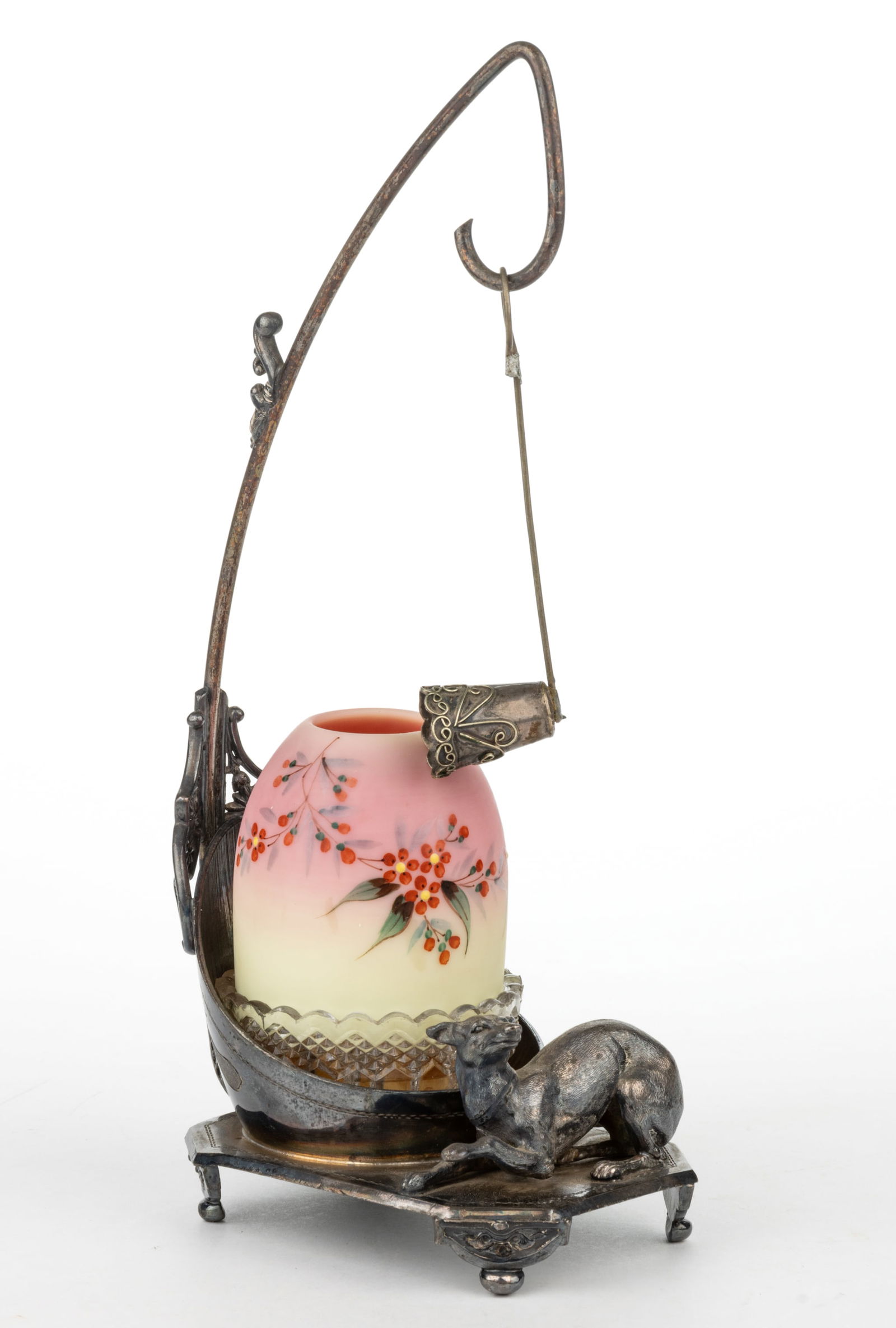 THOMAS WEBB BURMESE BERRIES AND LEAVES DECORATED FAIRY LAMP: THOMAS WEBB BURMESE BERRIES AND LEAVES DECORATED FAIRY LAMP, plush finish, pyramid-size dome, three-part construction comprising the dome fitted on a colorless Clarke's diamond patt