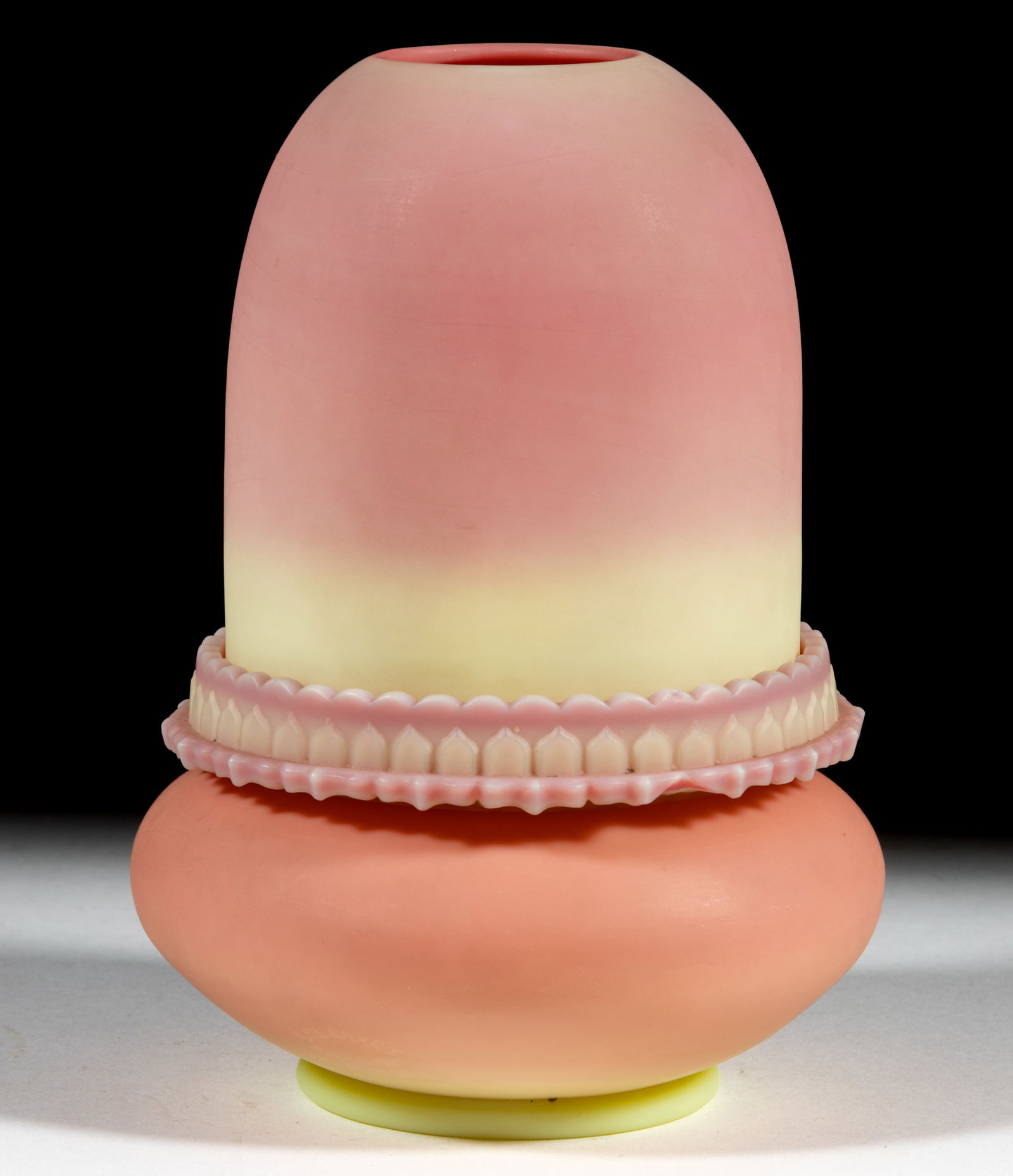 THOMAS WEBB BURMESE FAIRY LAMP: THOMAS WEBB BURMESE FAIRY LAMP, plush finish, fairy-size dome, three-part construction comprising the dome fitted on a Burmese Clarke's ribbed patterned candle lamp base embossed &q