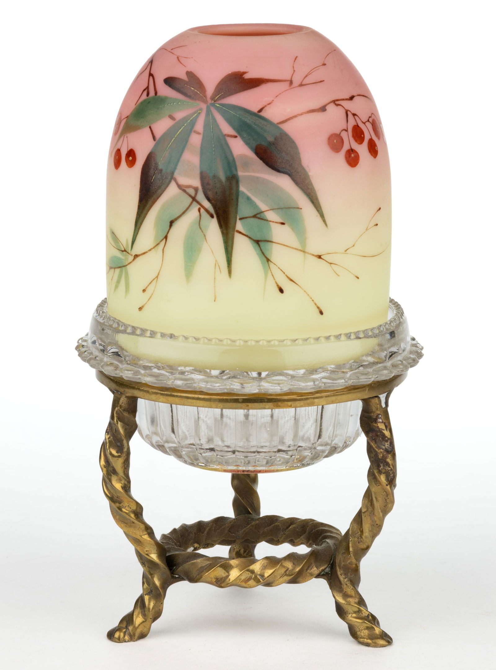 THOMAS WEBB BURMESE "WOODBINE" DECORATED FAIRY LAMP:  THOMAS WEBB BURMESE "WOODBINE" DECORATED FAIRY LAMP, plush finish with vine and berry decoration, fairy-size dome, three-part construction comprising the dome fitted on a colorles