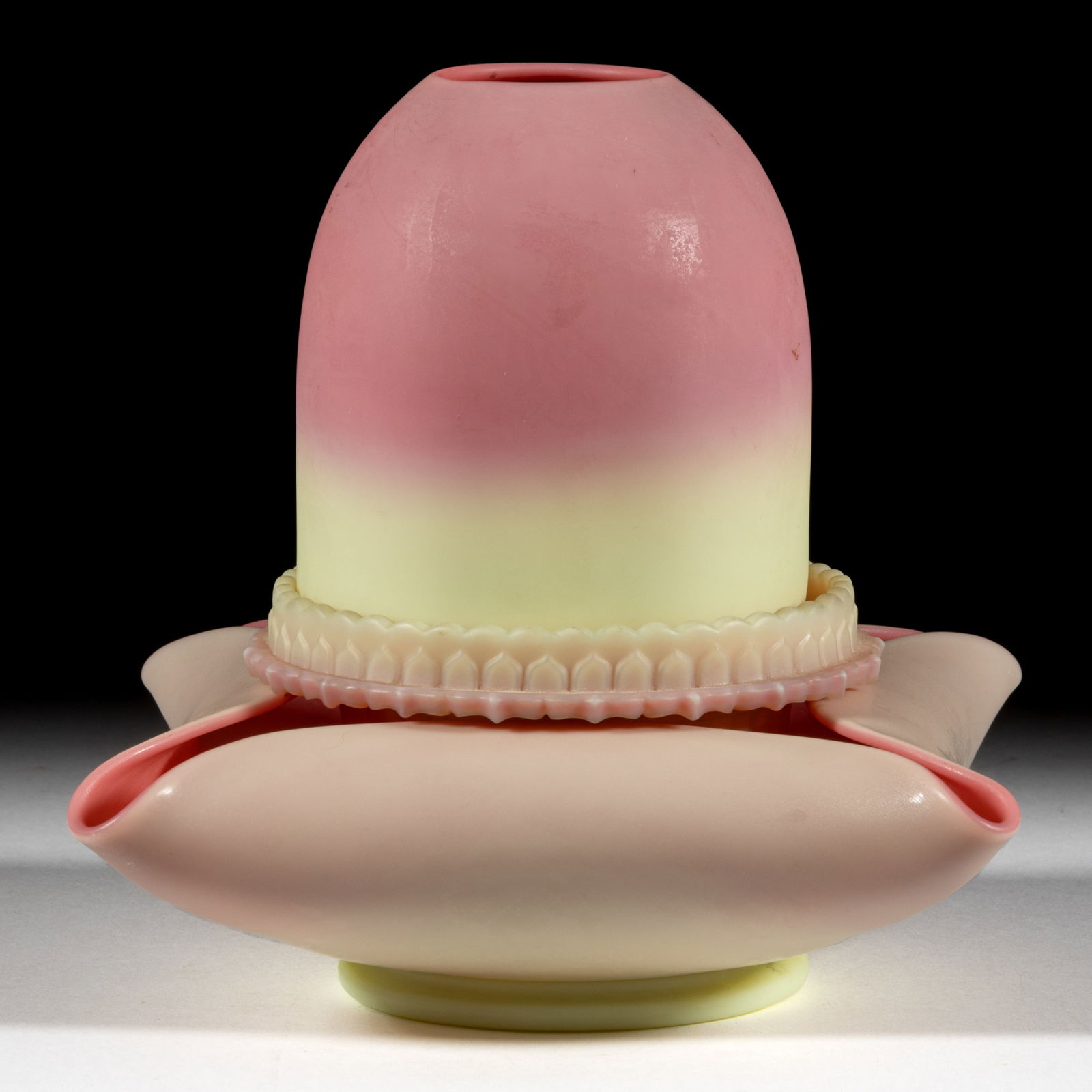 THOMAS WEBB BURMESE GLASS FAIRY LAMP: THOMAS WEBB BURMESE GLASS FAIRY LAMP, plush finish, fairy-size dome, four-part construction comprising the dome fitted on a Burmese Clarke's ribbed patterned candle lamp base embossed &q