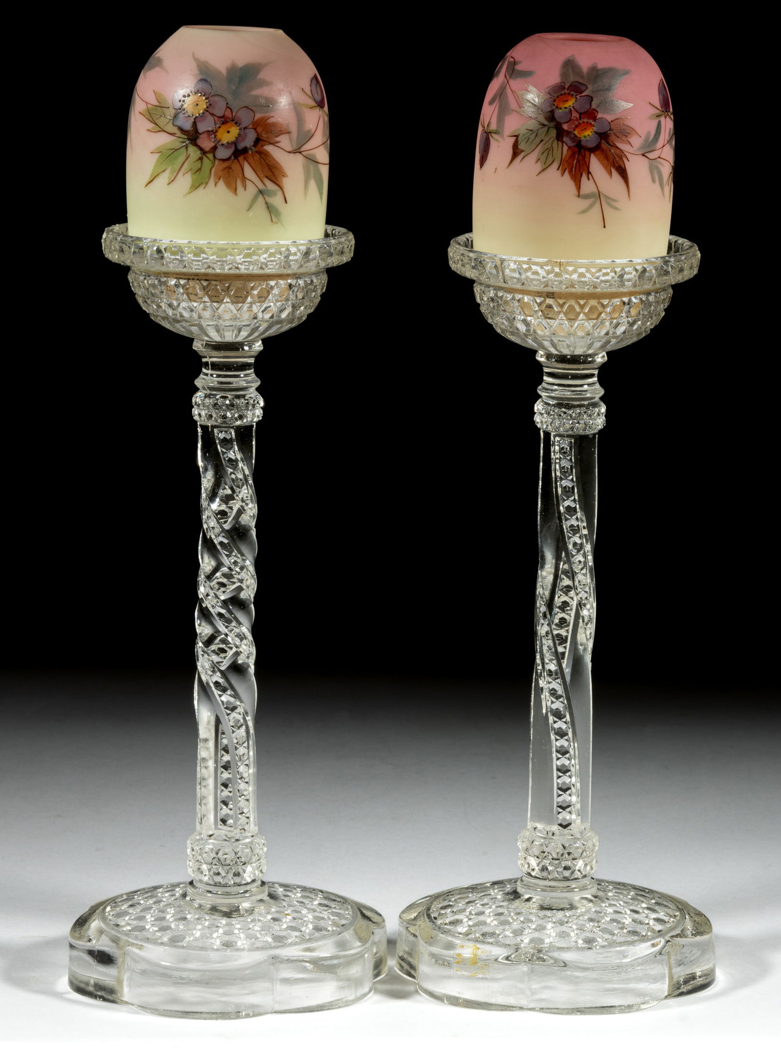 THOMAS WEBB BURMESE "PRUNUS" DECORATED FAIRY LAMPS, PAIR (1 of 1)
