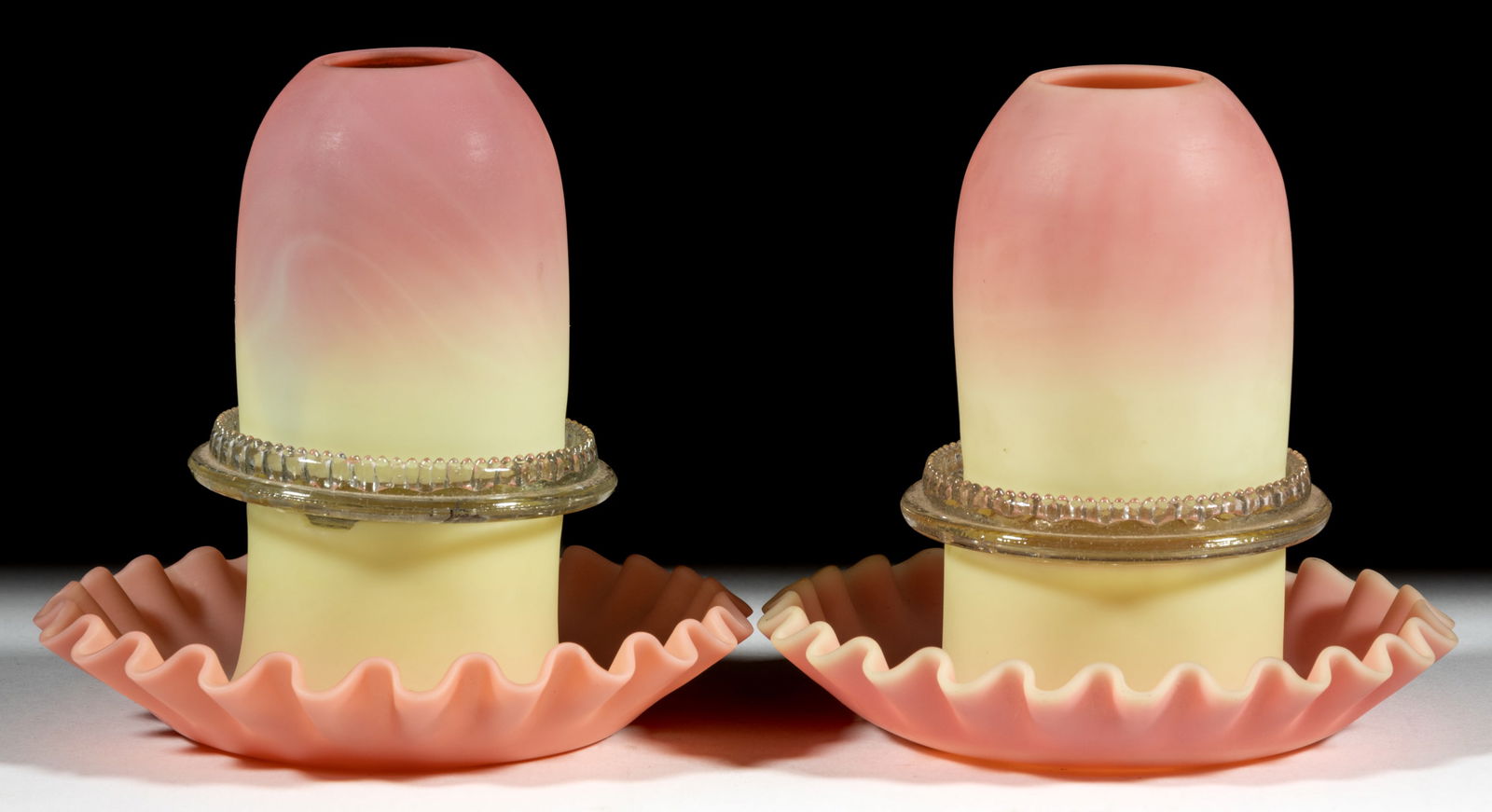 THOMAS WEBB BURMESE FAIRY LAMPS, PAIR: THOMAS WEBB BURMESE FAIRY LAMPS, PAIR, plush finish, pyramid-size dome, three-part construction comprising each dome fitted on a colorless Clarke's ribbed patterned candle lamp base