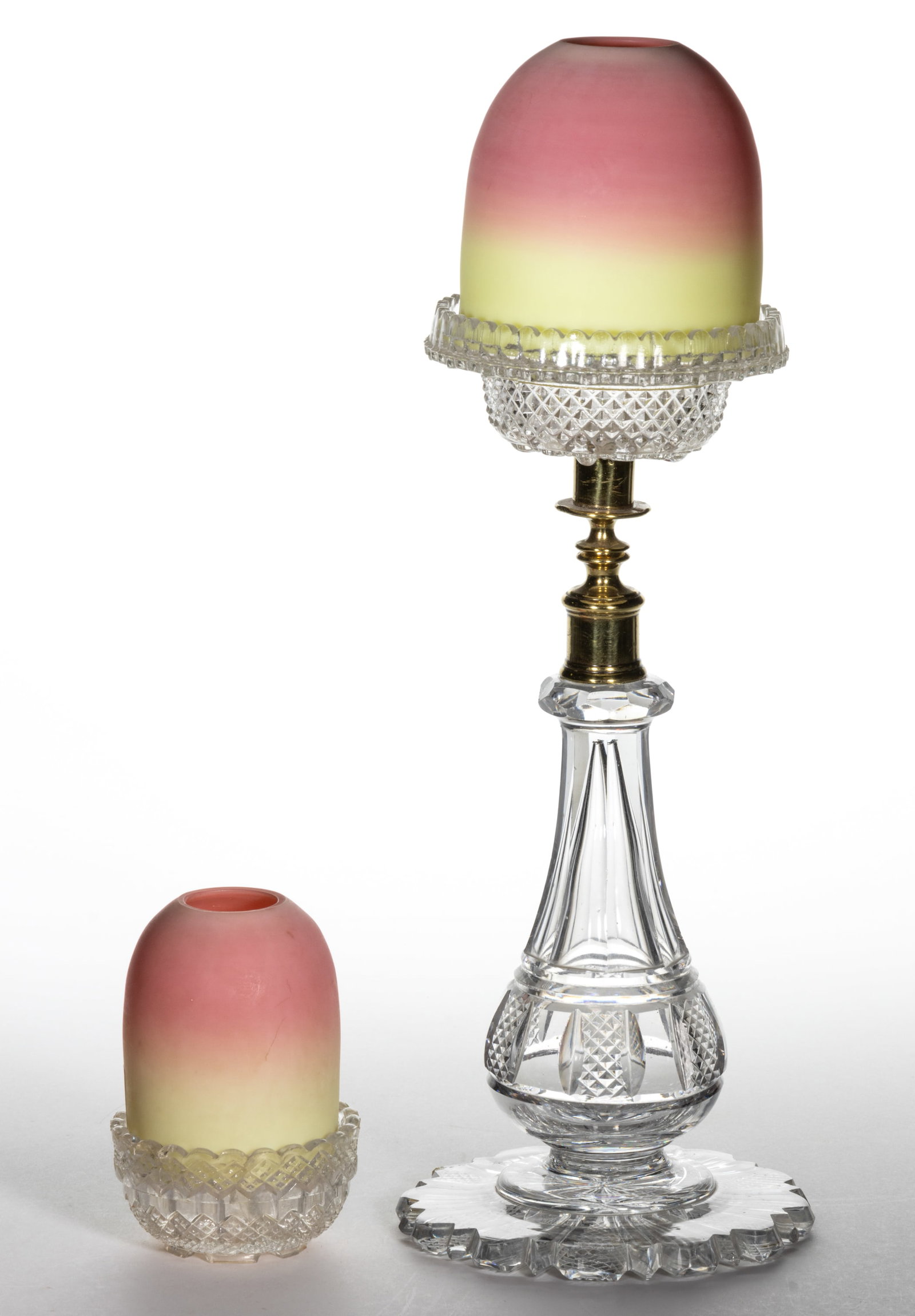 ASSORTED BURMESE FAIRY LAMPS, LOT OF TWO: ASSORTED BURMESE FAIRY LAMPS, LOT OF TWO, plush finish, each with two-part construction, comprising a pyramid-size dome resting an a colorless Clarke's ribbed patterned candle lamp base 