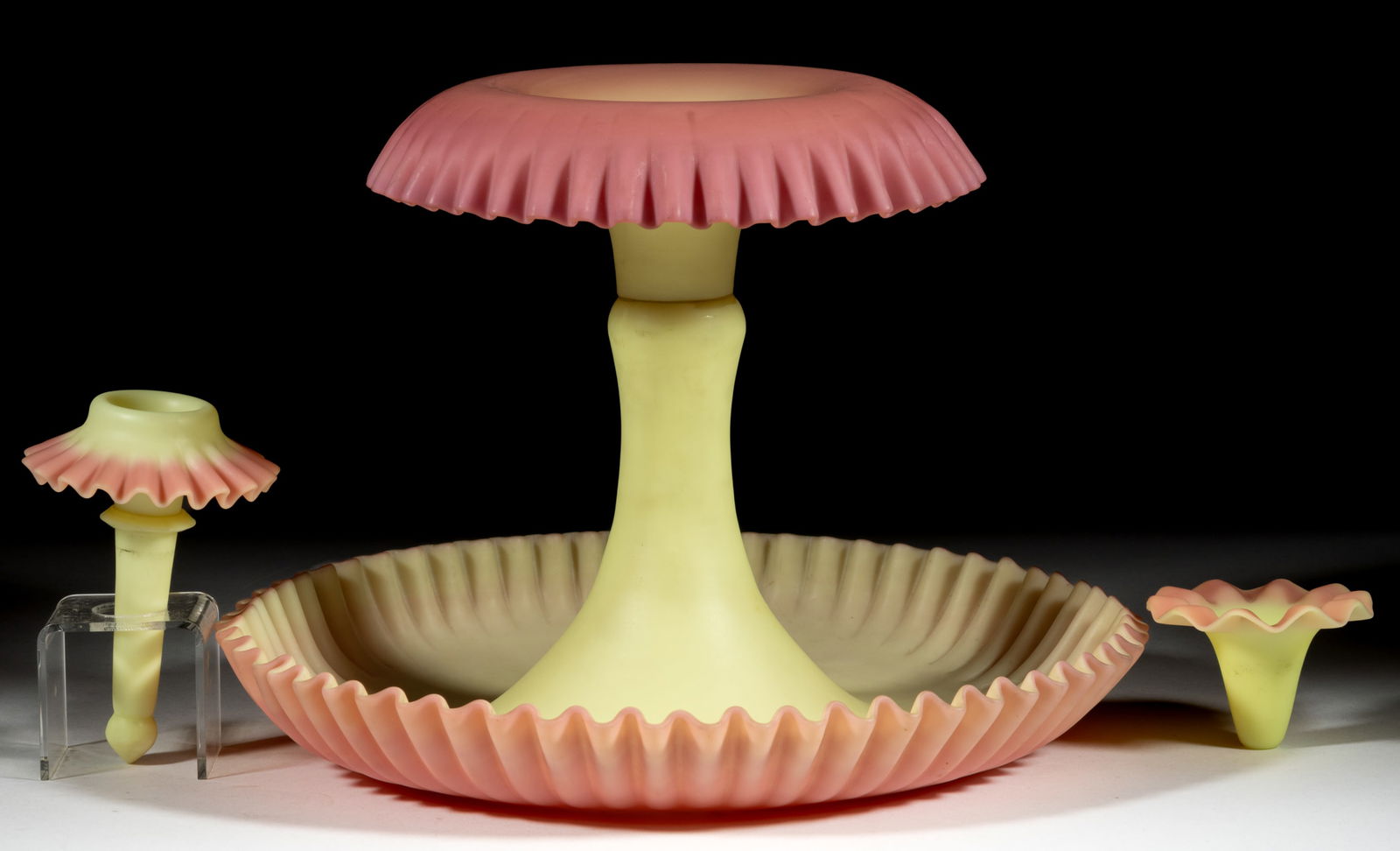 ASSORTED THOMAS WEBB BURMESE GLASS EPERGNE COMPONENTS, LOT OF THREE: ASSORTED THOMAS WEBB BURMESE GLASS EPERGNE COMPONENTS, LOT OF THREE, plush finish, comprising a large base/bowl with circular-form upturned and crimped rim, shaped stem with applied top with a do