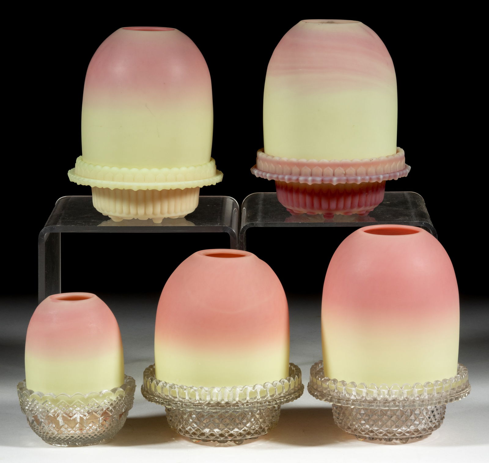 ASSORTED THOMAS WEBB BURMESE FAIRY LAMPS, LOT OF FIVE: ASSORTED THOMAS WEBB BURMESE FAIRY LAMPS, LOT OF FIVE, plush finishes, comprising four fairy-size and a pyramid-size domes, two-part construction comprising a dome fitted on a candle lamp base, includ