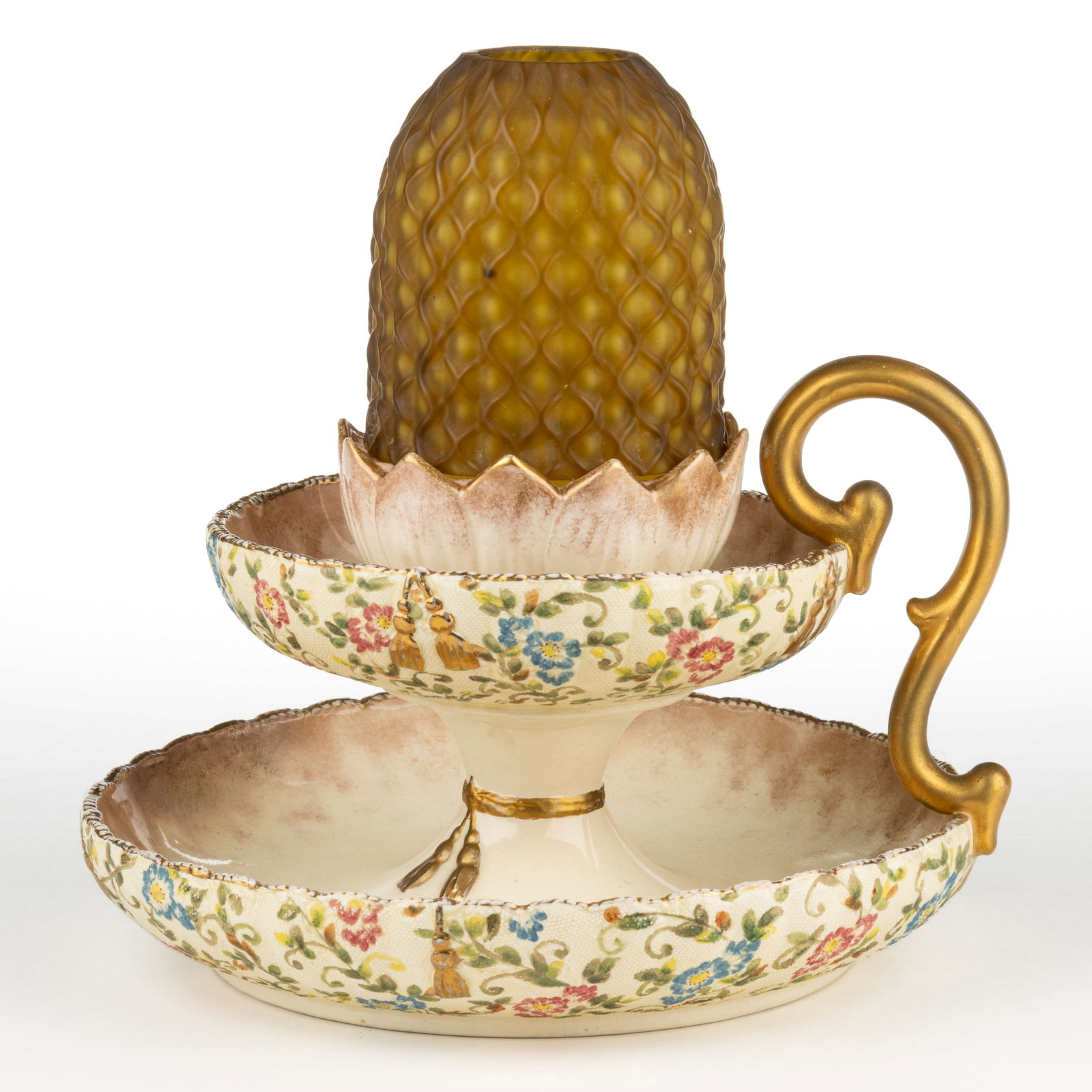 DIAMOND QUILTED CUT VELVET-TYPE EMBOSSED SATIN GLASS AND ENGLISH DOULTON BURSLEM CERAMIC FAIRY LAMP (1 of 1)