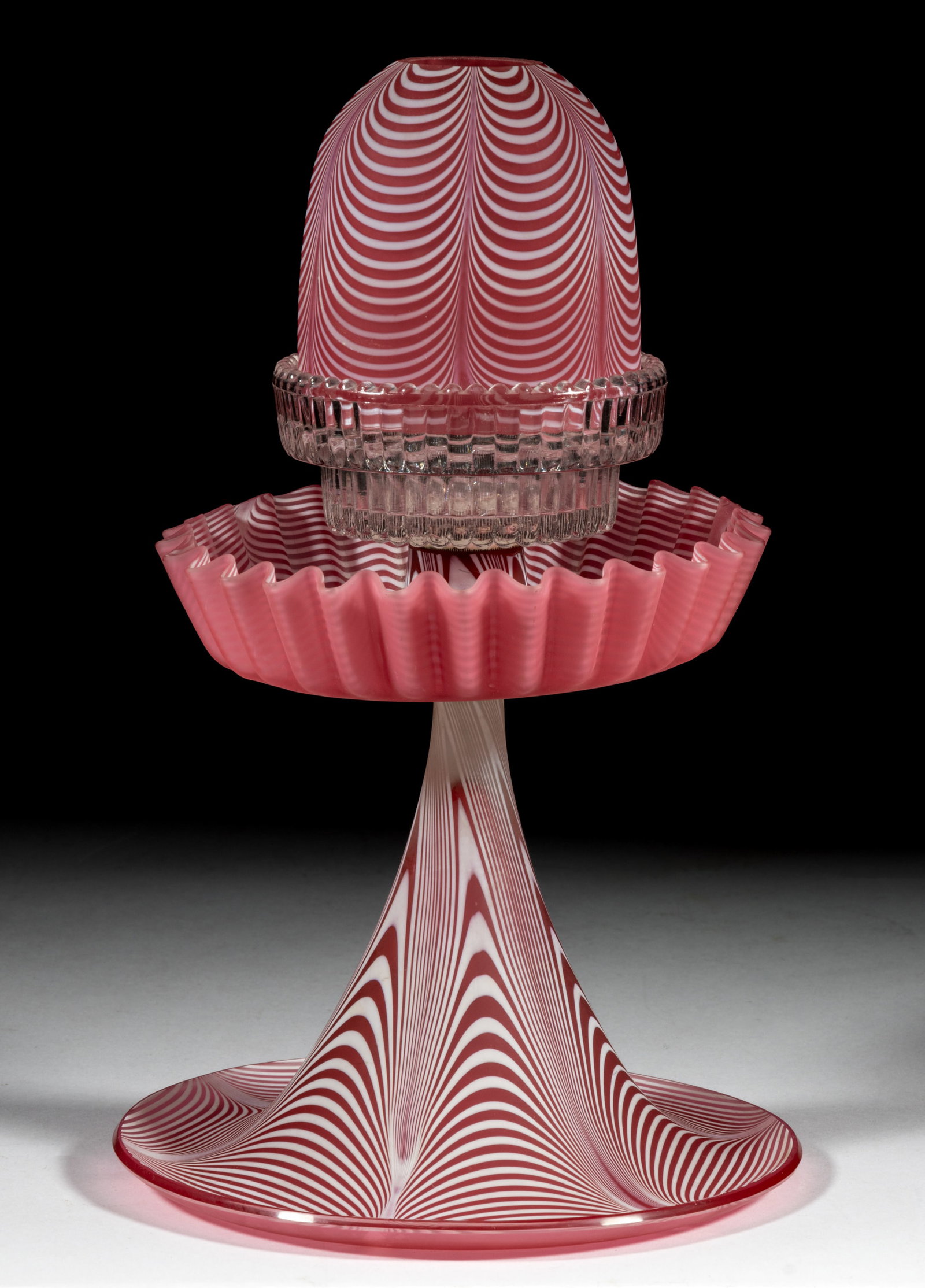 NAILSEA / VENETIAN THREAD EPERGNE / PEDESTAL FAIRY LAMP: NAILSEA / VENETIAN THREAD EPERGNE / PEDESTAL FAIRY LAMP, cranberry with six groupings of opal loops, satin finish, fairy-size dome, four-part construction comprising the dome fitted in a col