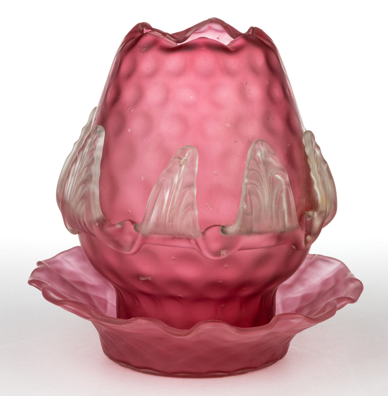 OPTIC PATTERNED SATIN ART GLASS FAIRY LAMP: OPTIC PATTERNED SATIN ART GLASS FAIRY LAMP, cased cranberry, spot-optic chimney-style dome/shade with folded-in and scalloped rim, lower body with colorless applied rigaree in a petal band patter