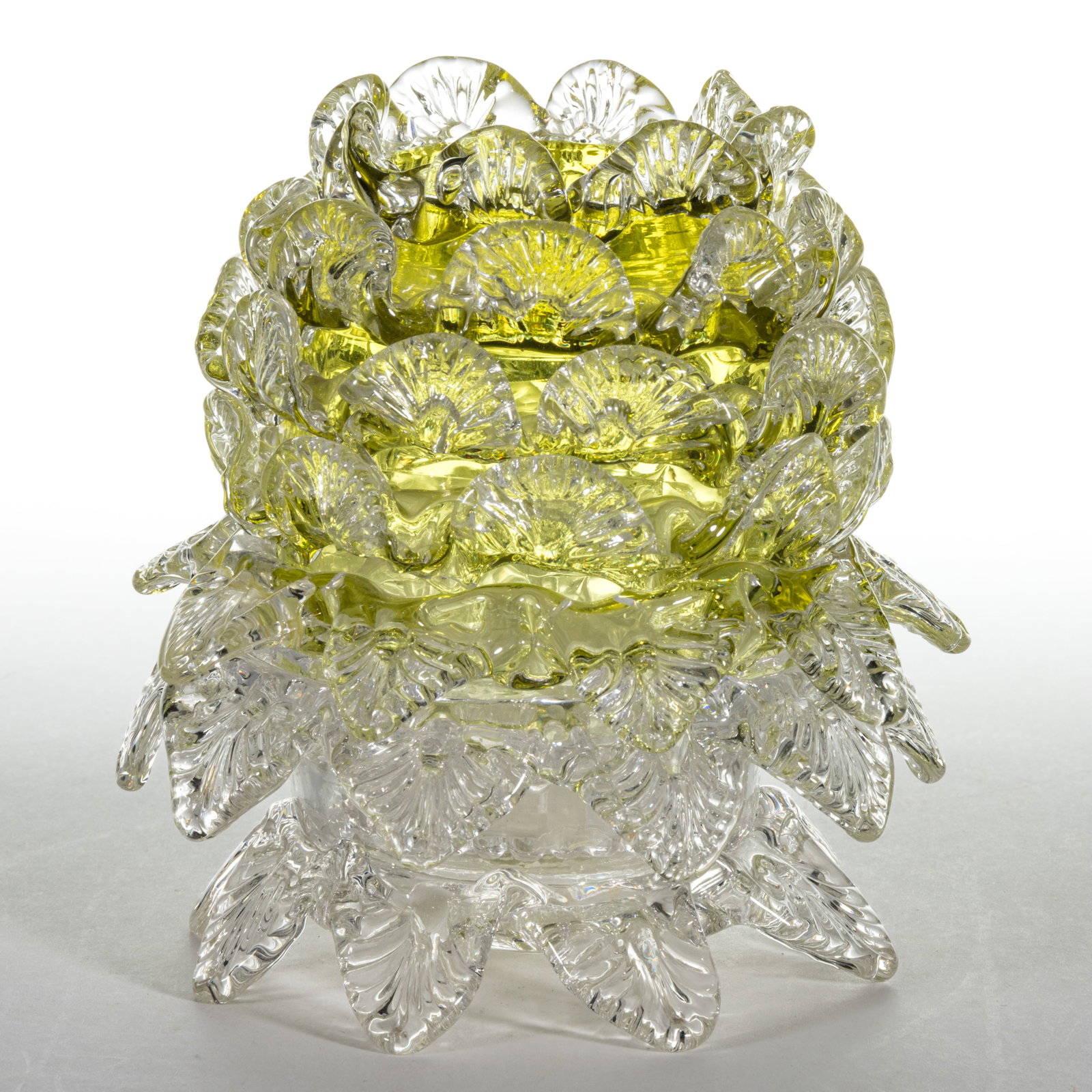 FLORAL PETAL ART GLASS FAIRY LAMP: FLORAL PETAL ART GLASS FAIRY LAMP, yellow-green with five rows of graduated sized petals, each with a pressed rib pattern, fairy-size dome with fitter acid-etched "Clarke's Fairy Pyramid"