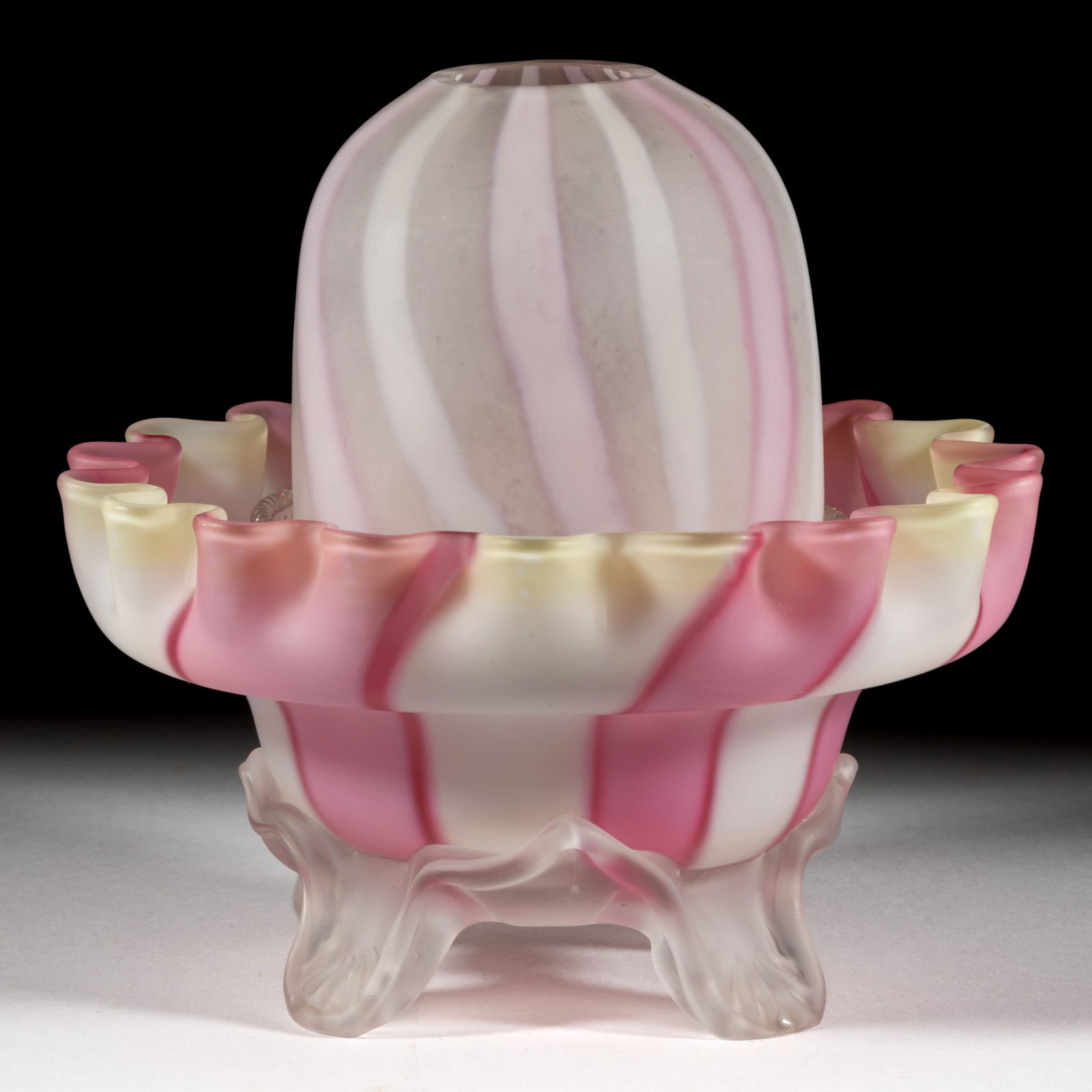 CLEVELAND / RIBBON STRIPE ART GLASS FAIRY LAMP: CLEVELAND / RIBBON STRIPE PATTERN ART GLASS FAIRY LAMP, alternating rose/pink and opal ribbons with satin finish, fairy-size dome of lighter color, three-piece construction comprising the do
