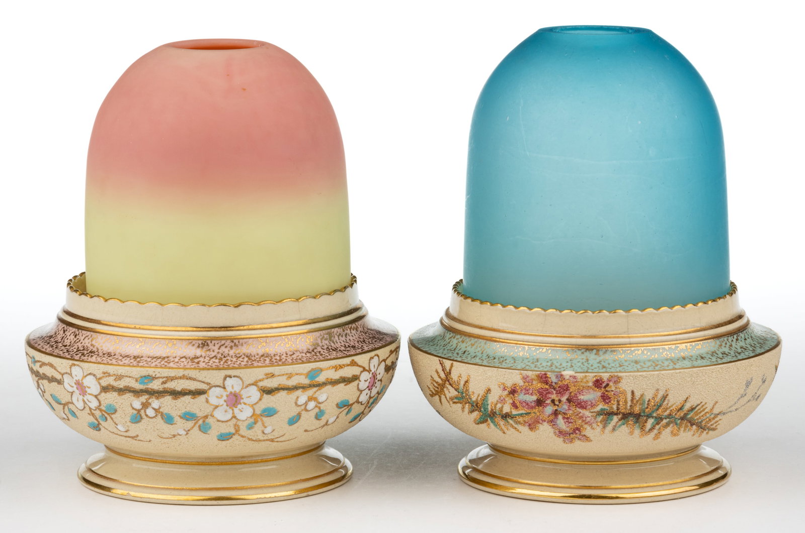 SATIN-GLASS AND ENGLISH CERAMIC FAIRY LAMPS, LOT OF TWO: SATIN-GLASS AND ENGLISH CERAMIC FAIRY LAMPS, LOT OF TWO, Burmese with plush finish and dark to light blue fairy-size domes, each with two-part construction comprising the dome fitted on a ci