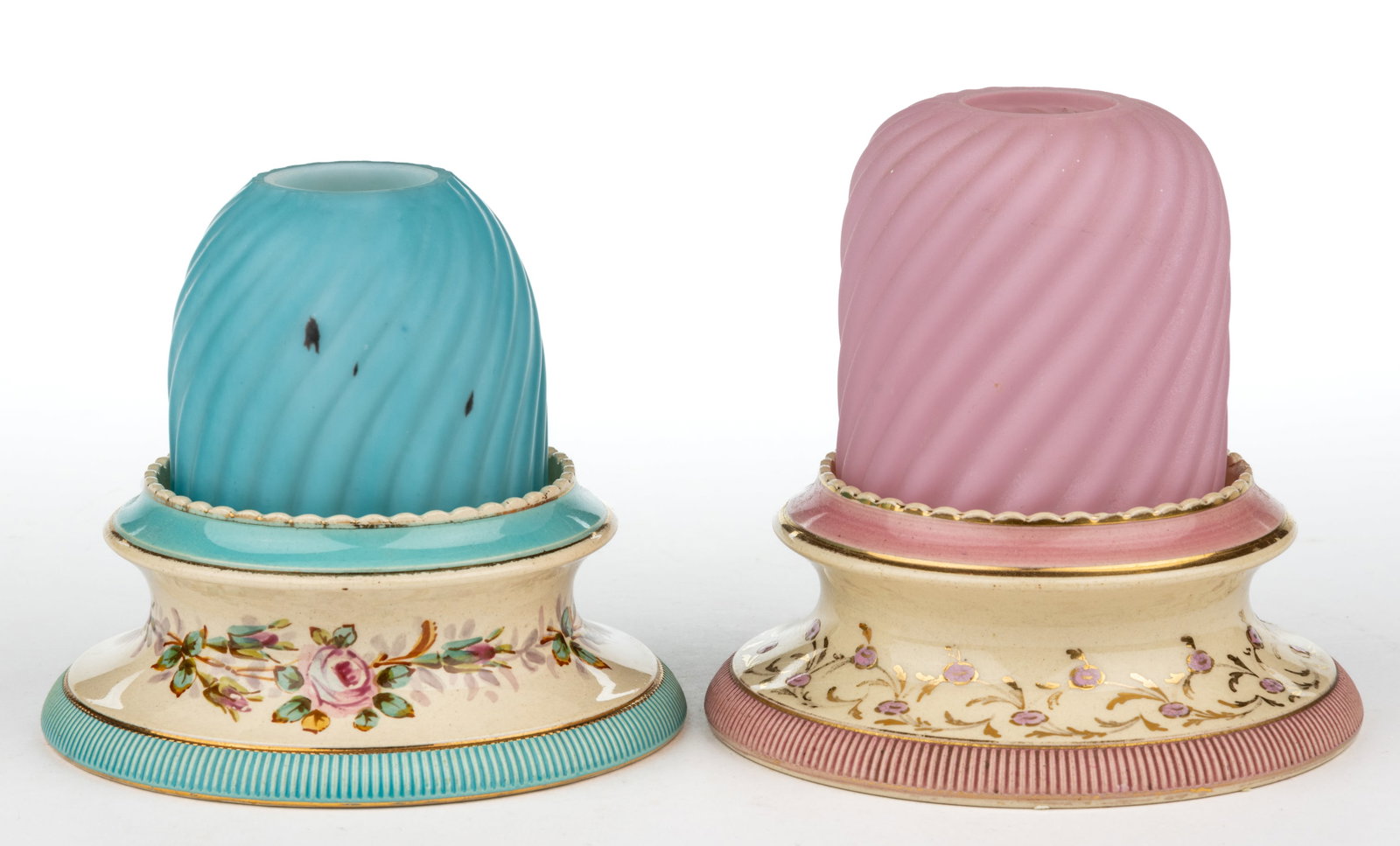 RIBBED SWIRL EMBOSSED WITH SATIN FINISH AND ENGLISH CERAMIC FAIRY LAMPS, LOT OF TWO: RIBBED SWIRL EMBOSSED WITH SATIN FINISH AND ENGLISH CERAMIC FAIRY LAMPS, LOT OF TWO, cased blue and cased pale rose/pink, each with satin finish, pyramid-size domes, each with a tw