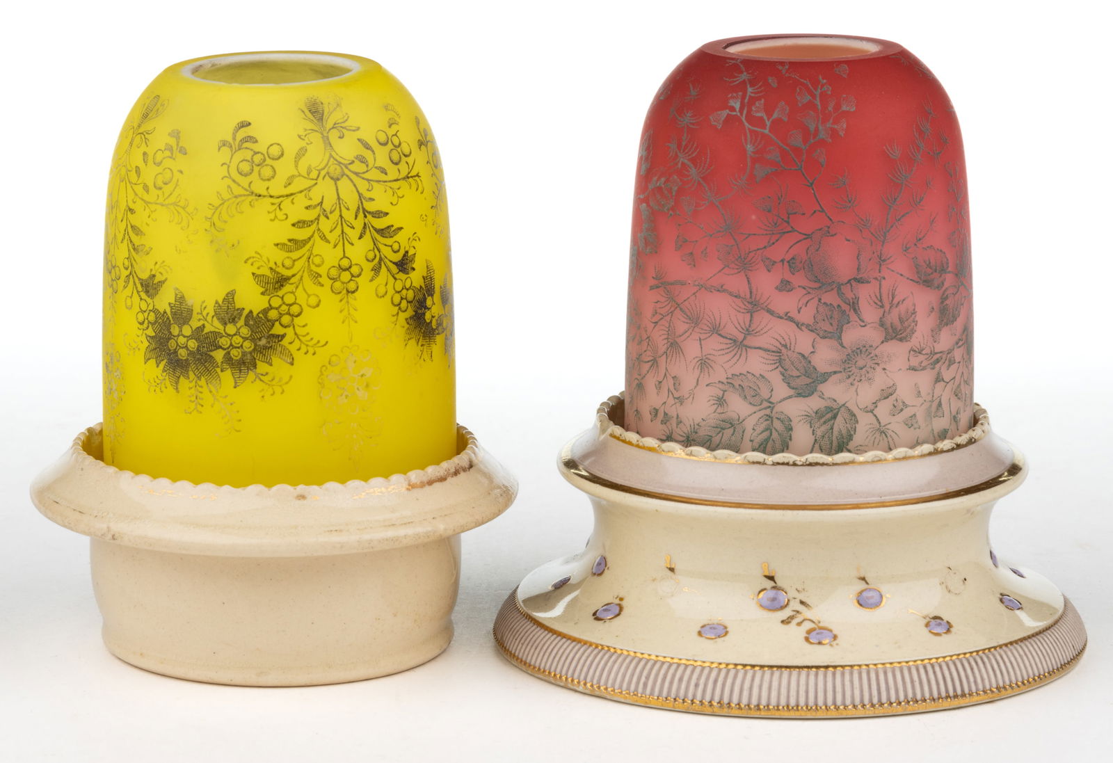 DECORATED ACID-ETCHED SATIN GLASS AND CERAMIC FAIRY LAMPS, LOT OF TWO (1 of 1)