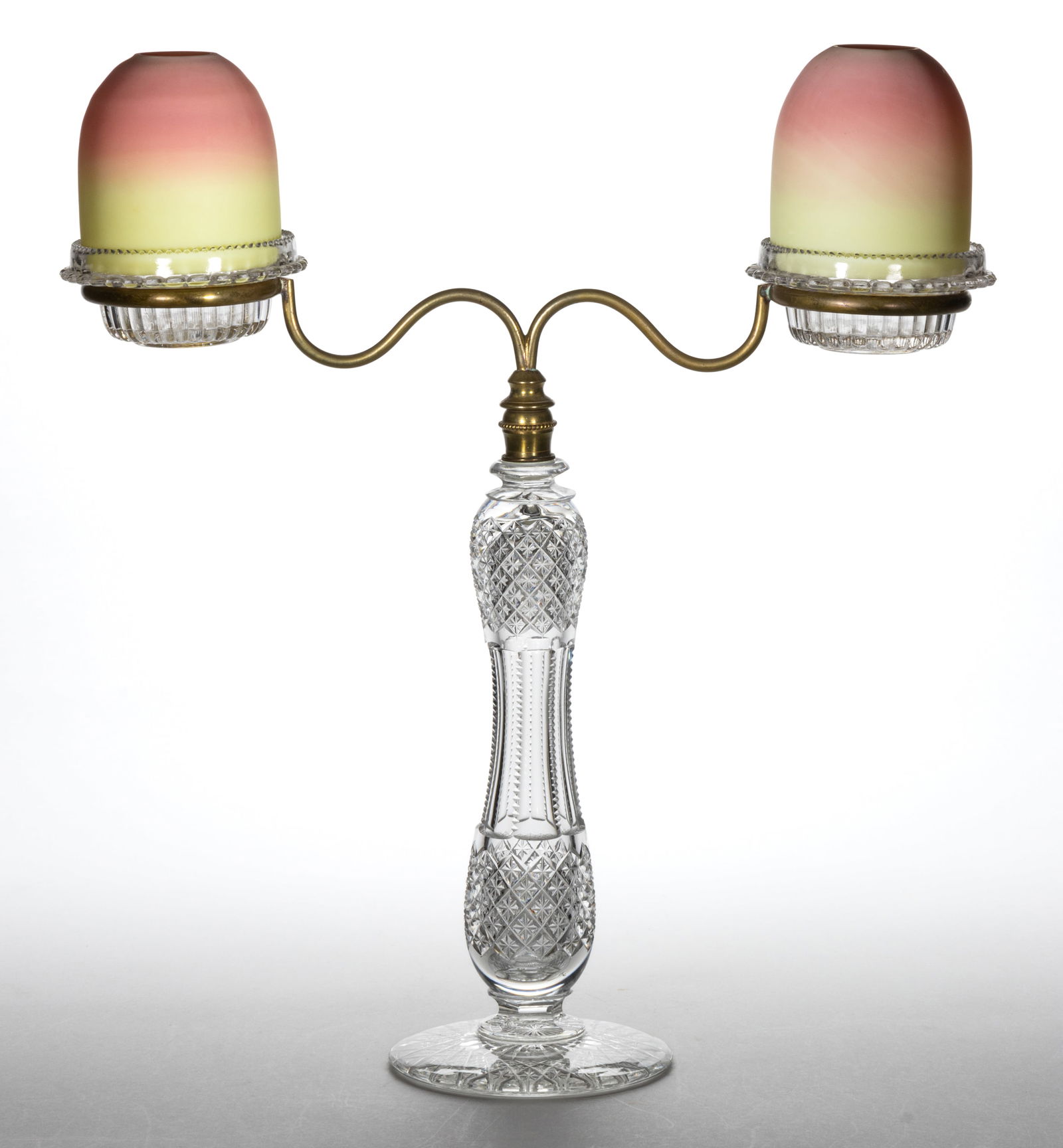 THOMAS WEBB BURMESE AND CUT-GLASS CANDELABRA FAIRY LAMP: THOMAS WEBB BURMESE AND CUT-GLASS CANDELABRA FAIRY LAMP, plush finish fairy-size domes, multi-part construction comprising the domes fitted on a colorless Clarke's pressed rib 