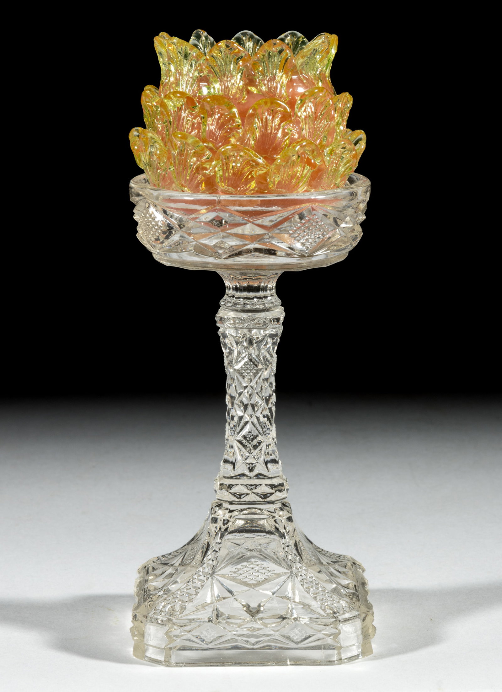 VASELINE FLORAL PETAL ART GLASS PEDESTAL FAIRY LAMP: VASELINE FLORAL PETAL ART GLASS PEDESTAL FAIRY LAMP, pink opalescent with three rows of applied Vaseline (reacts under black light) petals to the dome, pyramid-size dome, two-part construction co