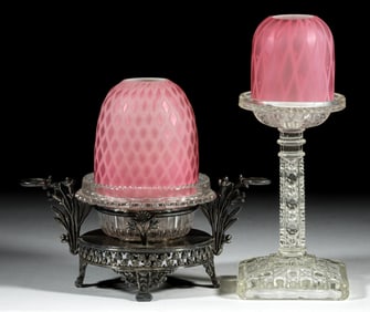 ASSORTED DIAMOND AIR-TRAP MOTHER-OF-PEARL SATIN FAIRY LAMPS, LOT OF TWO