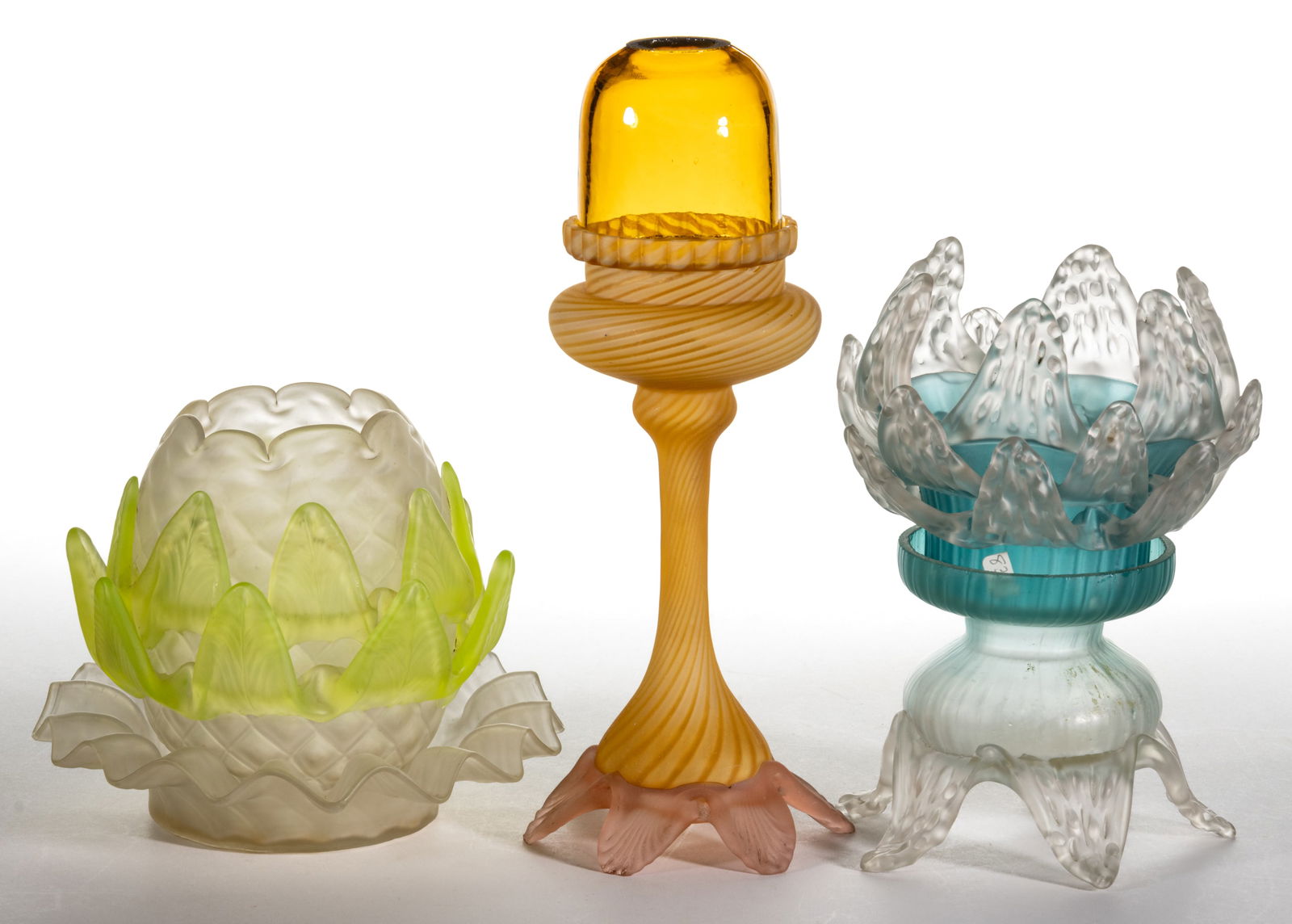 ASSORTED PATTERNED AND SATIN ART GLASS FAIRY LAMPS, LOT OF THREE (1 of 1)