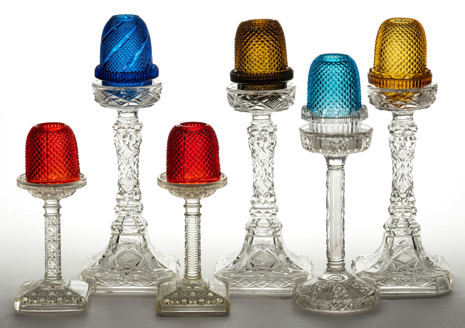 ASSORTED DIAMOND-POINT PRESSED GLASS PEDESTAL FAIRY LAMPS, LOT OF SIX (1 of 1)