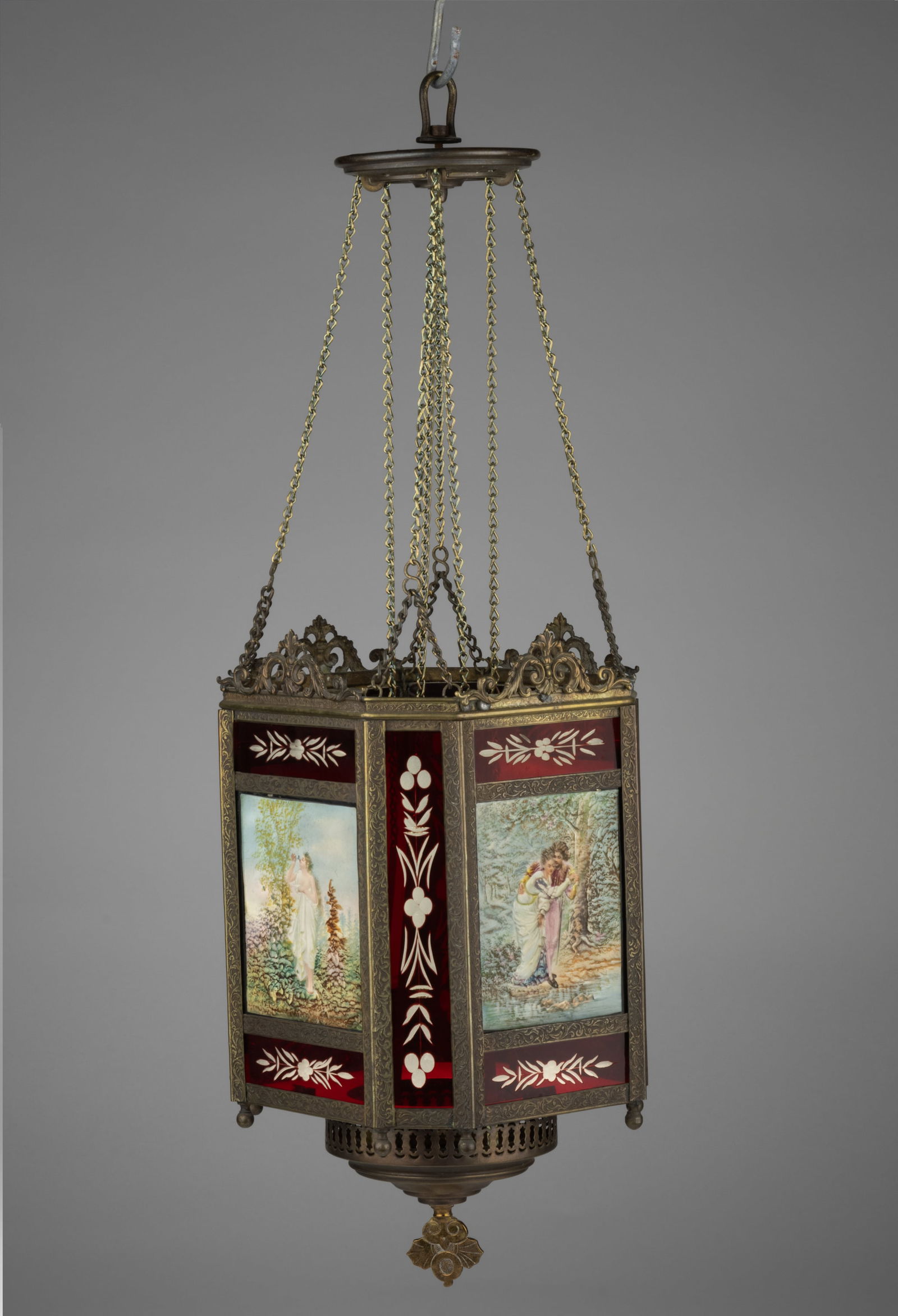 FRENCH DECORATED PORCELAIN LITHOPHANE AND BRASS HANGING HALL LAMP (1 of 2)