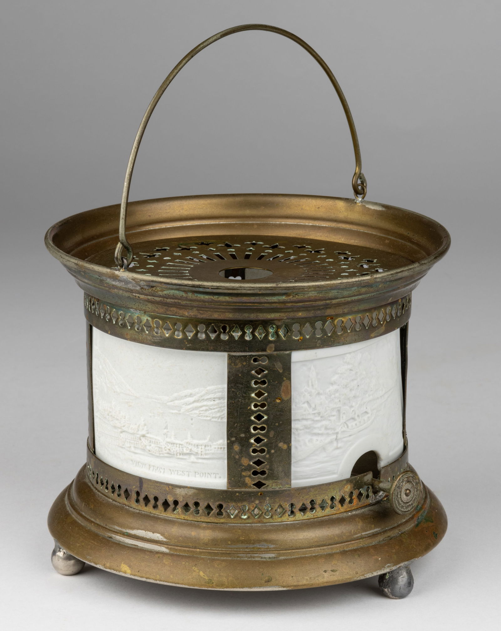 GERMAN PORCELAIN AMERICAN AND OTHER VIEWS LITHOPHANE AND BRASS TEA WARMER (1 of 2)