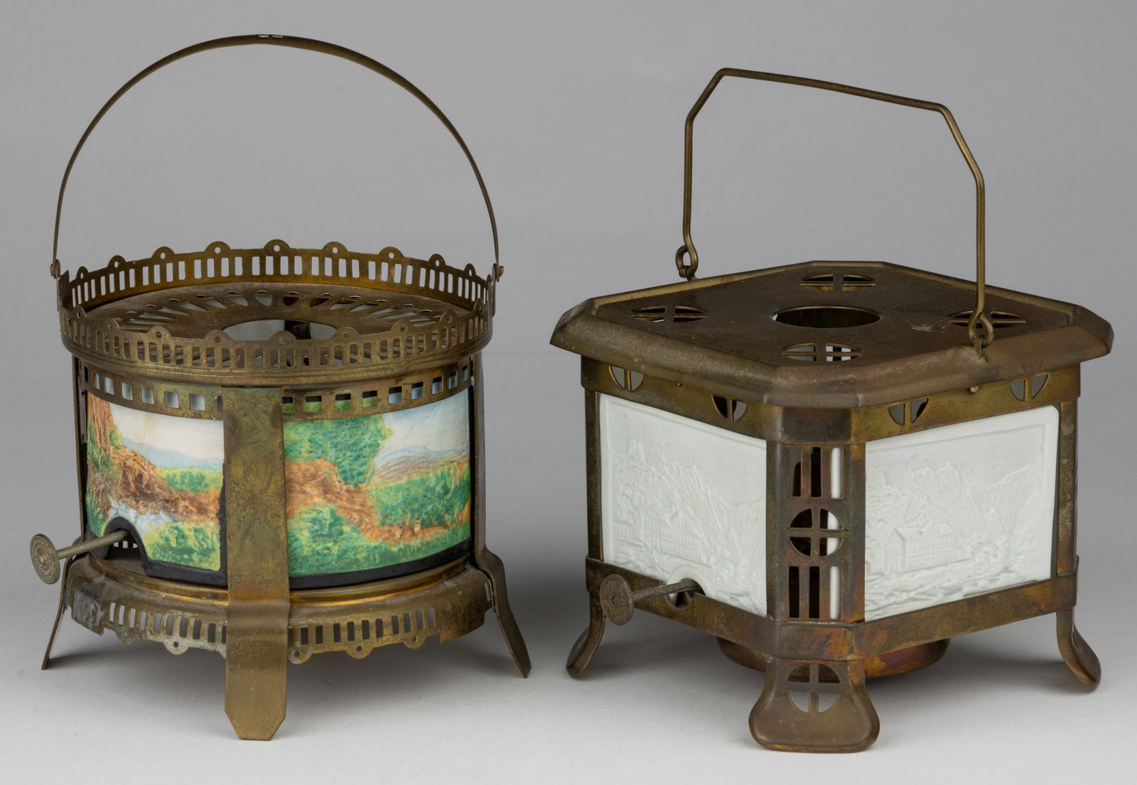 ASSORTED PORCELAIN LITHOPHANE AND BRASS TEA WARMERS, LOT OF TWO (1 of 2)