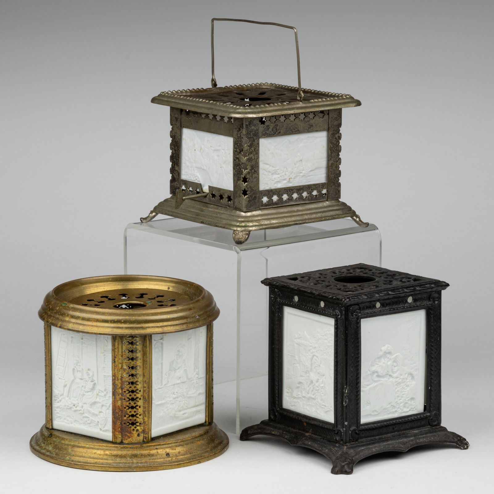 ASSORTED PORCELAIN LITHOPHANE AND METAL TEA WARMERS, LOT OF THREE (1 of 2)