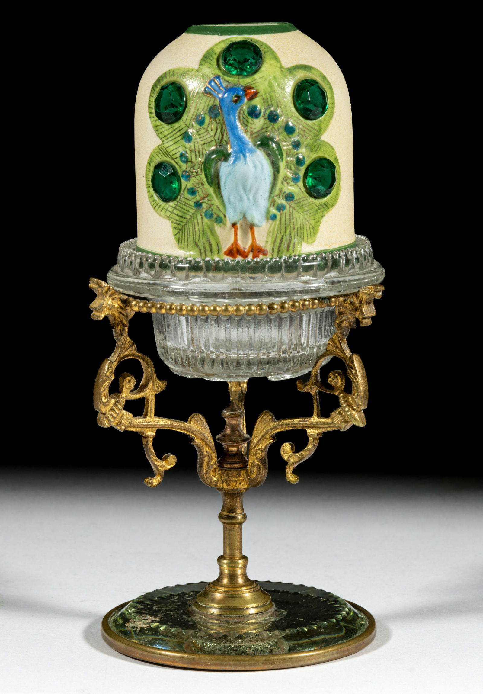AUSTRIAN JEWELED BISQUE PEACOCK FAIRY LAMP (1 of 1)