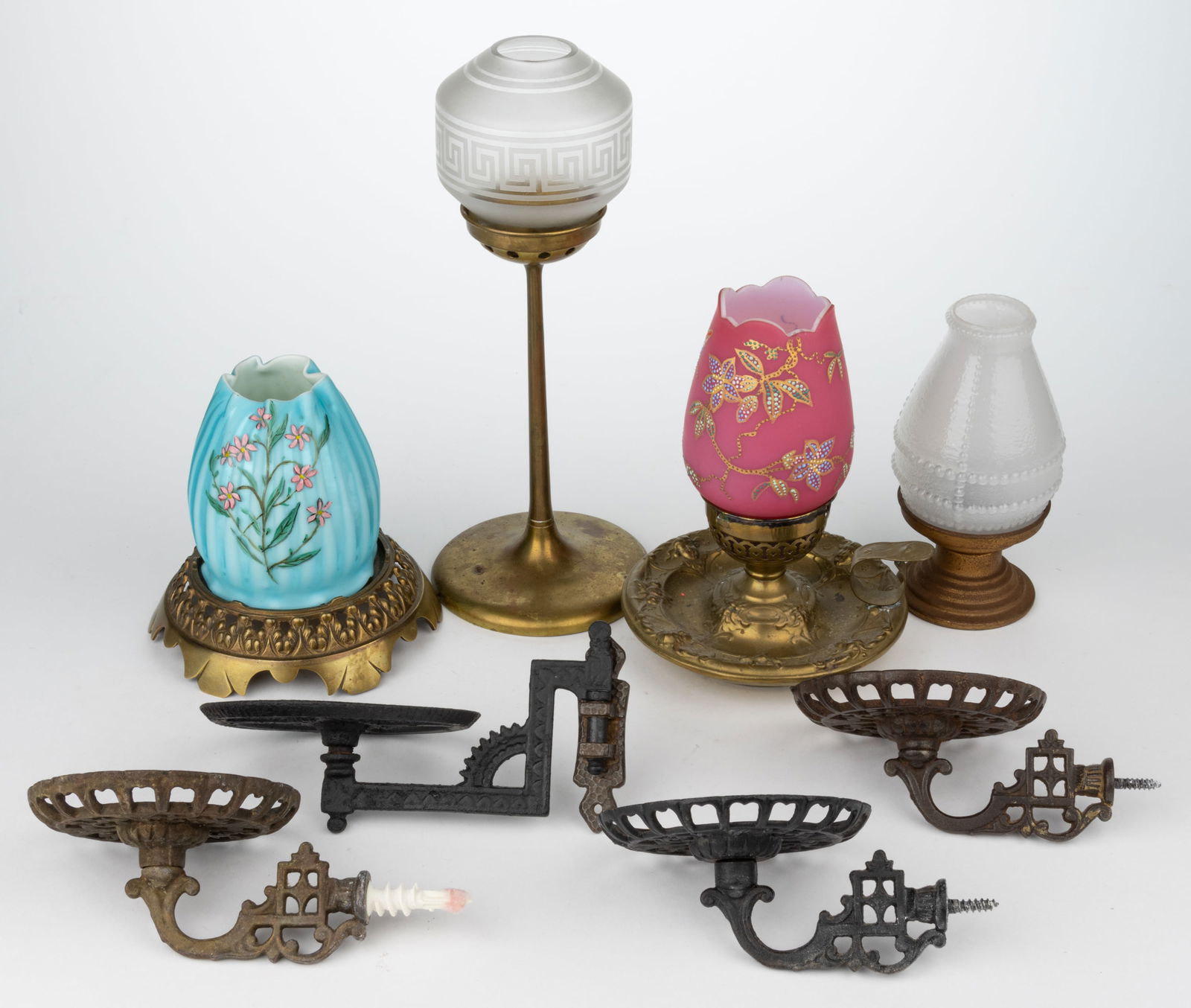 ASSORTED GLASS FAIRY LAMPS AND CAST-IRON LIGHTING BRACKETS, LOT OF EIGHT (1 of 1)