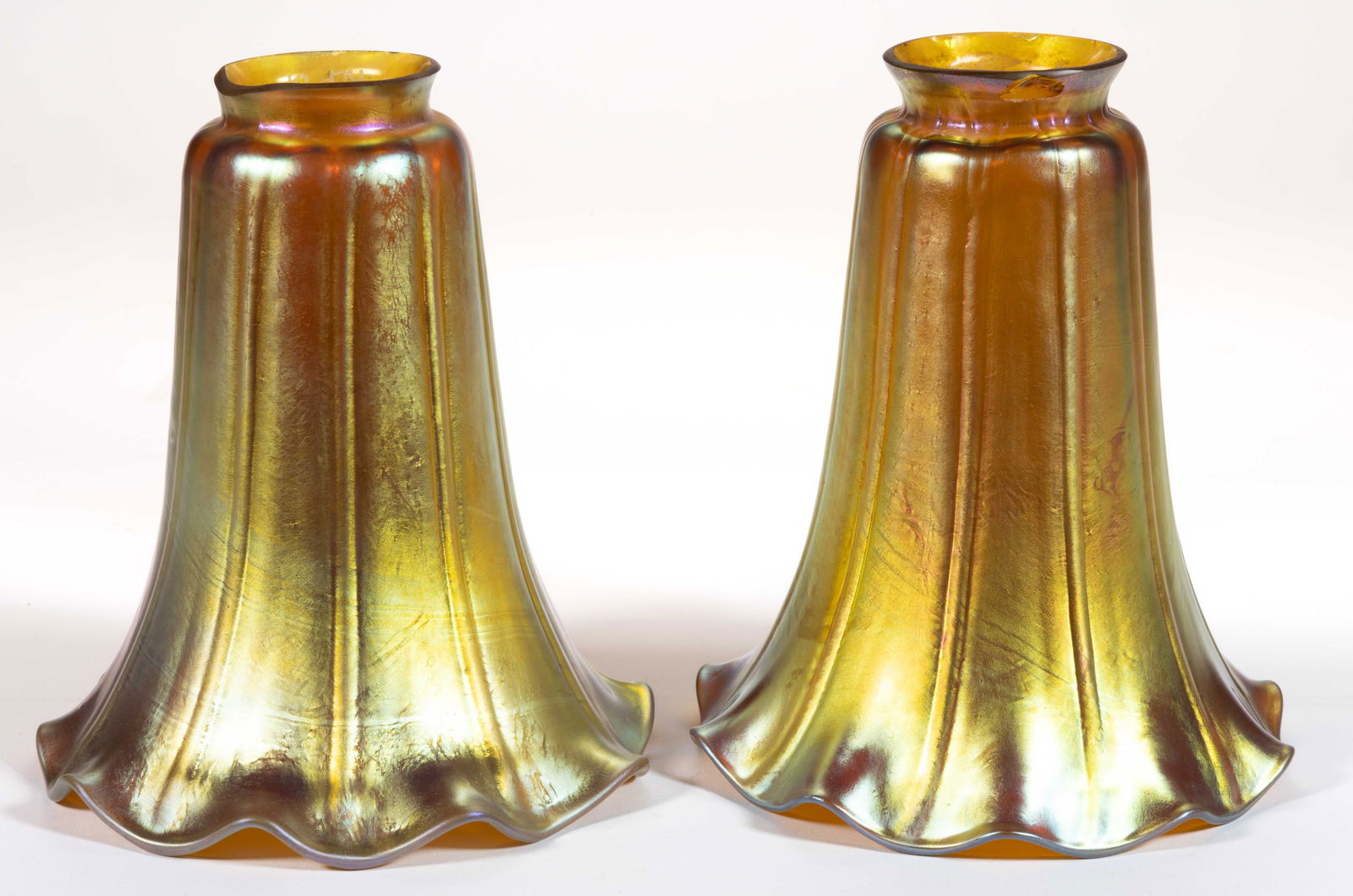 GOLDEN IRIDESCENT RIBBED ART GLASS LAMP SHADES, LOT OF TWO (1 of 1)