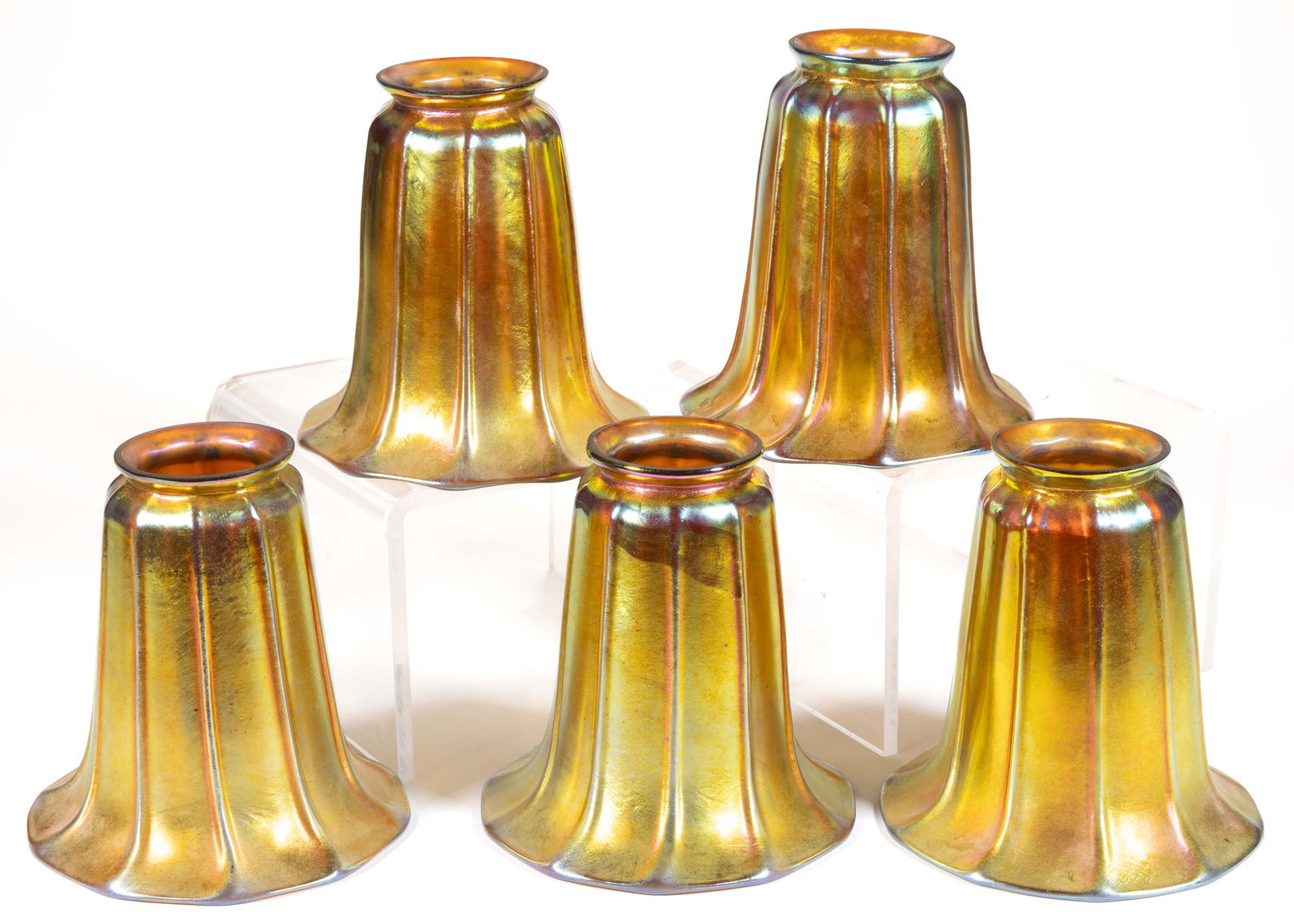 AMERICAN IRIDESCENT RIBBED ART GLASS LAMP SHADES, LOT OF FIVE (1 of 1)
