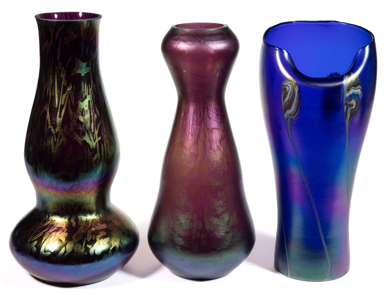 BOHEMIAN IRIDESCENT ART GLASS VASES, LOT OF THREE (1 of 5)