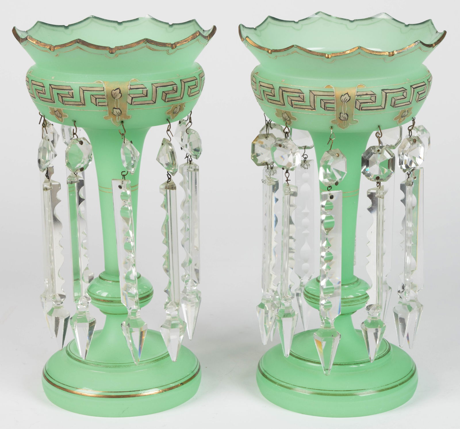 PAIR OF VICTORIAN ENAMEL-DECORATED OPALINE GLASS MANTLE LUSTERS: PAIR OF VICTORIAN ENAMEL-DECORATED OPALINE GLASS MANTLE LUSTERS, opaque pale green/opaline (reacts under black light) with satin finish, decorated with a black and white enameled Greek key band and gi