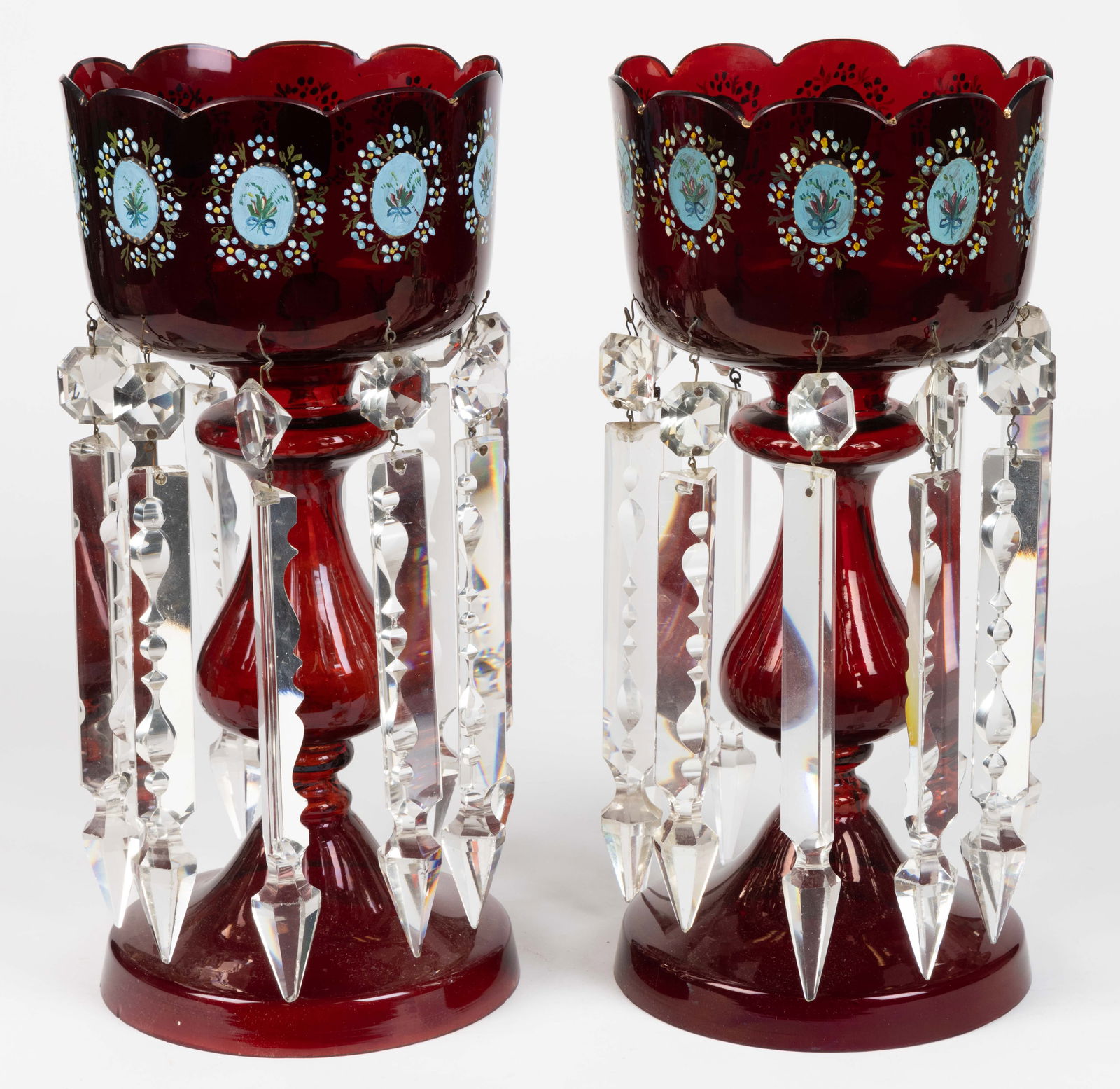 PAIR OF VICTORIAN ENAMEL-DECORATED GLASS MANTLE LUSTERS (1 of 1)