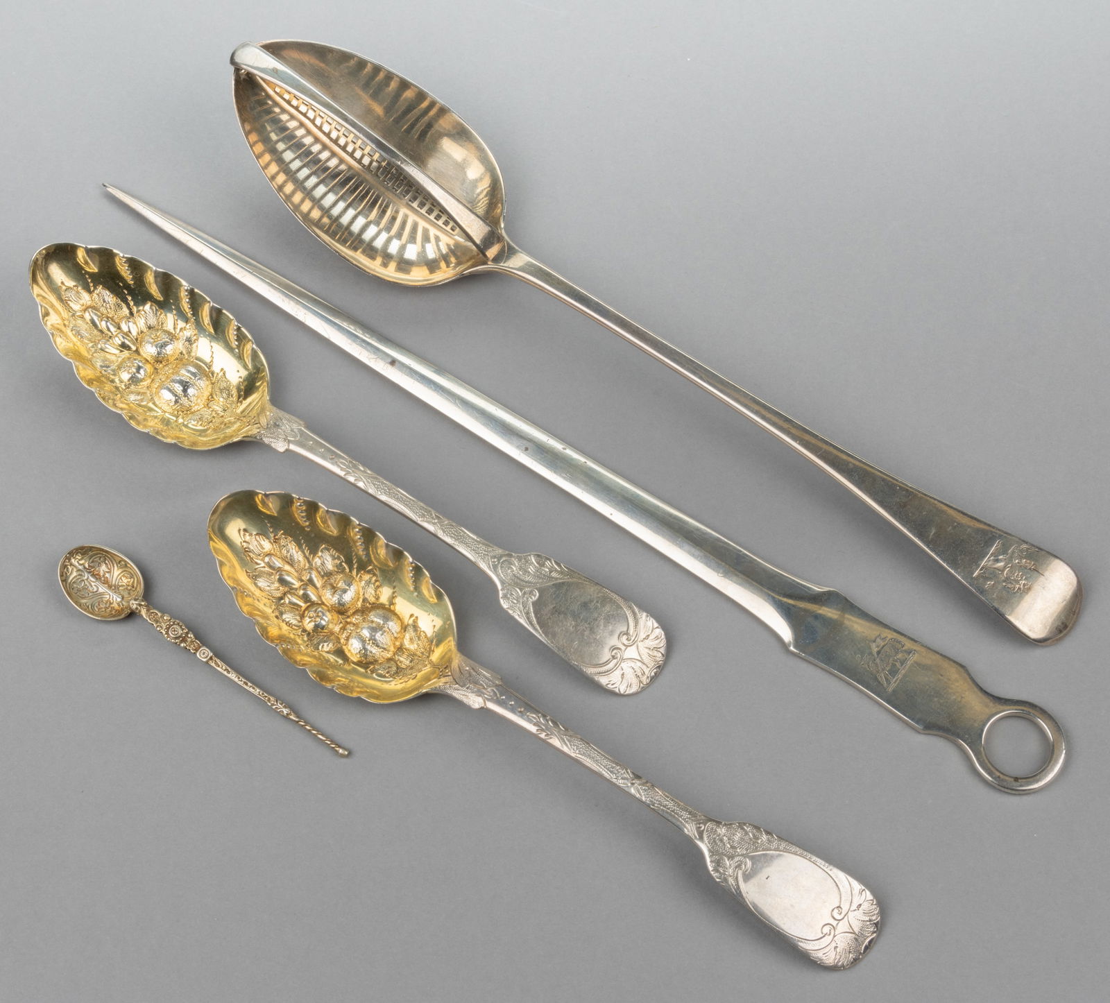ENGLISH GEORGIAN STERLING SILVER SERVING SPOONS AND MEAT SKEWER, LOT OF FOUR (1 of 1)