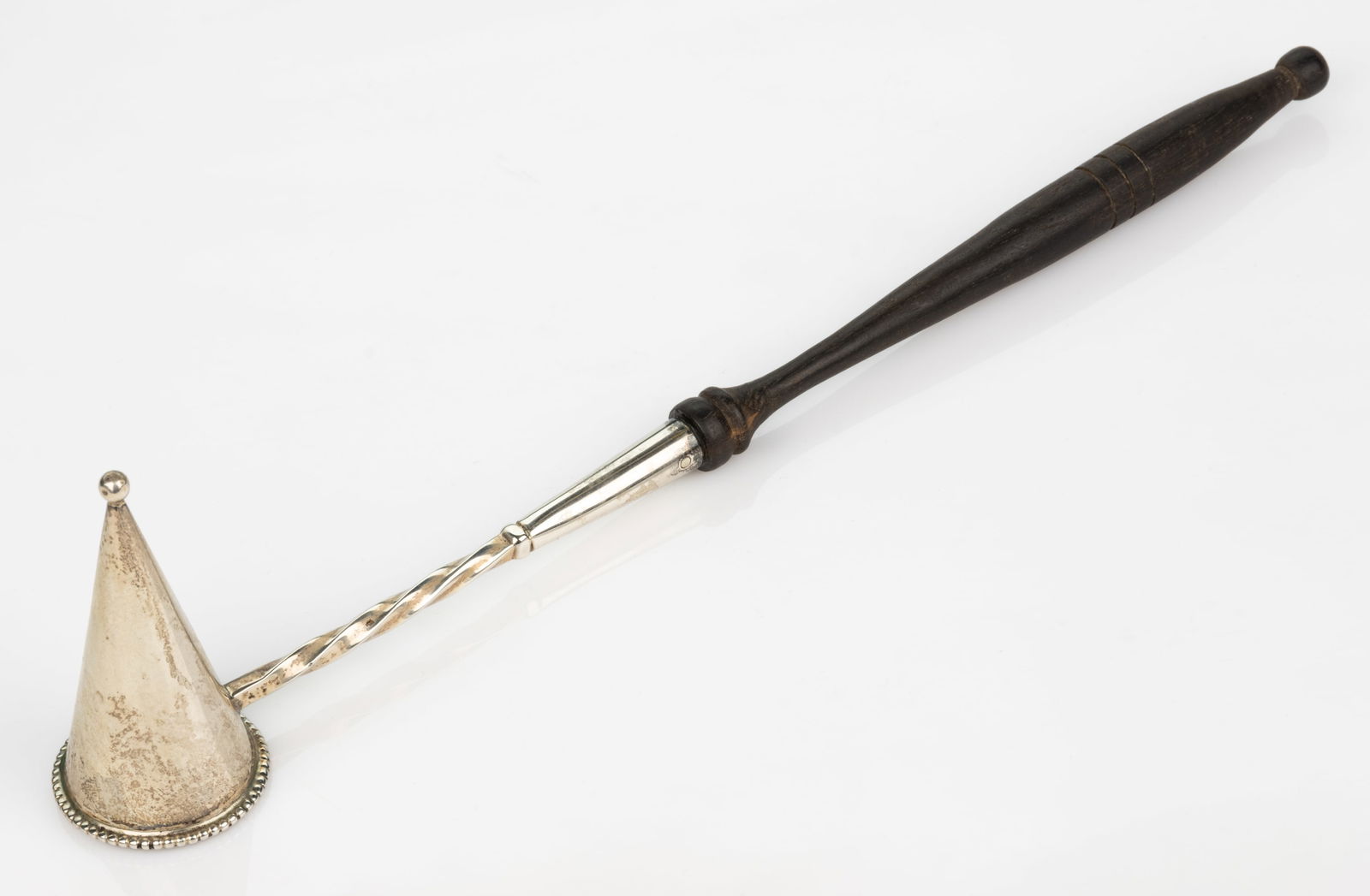 WILLIAM L. DEMATTEO, VIRGINIA REPRODUCTION STERLING SILVER AND WOOD CANDLE SNUFFER (1 of 2)