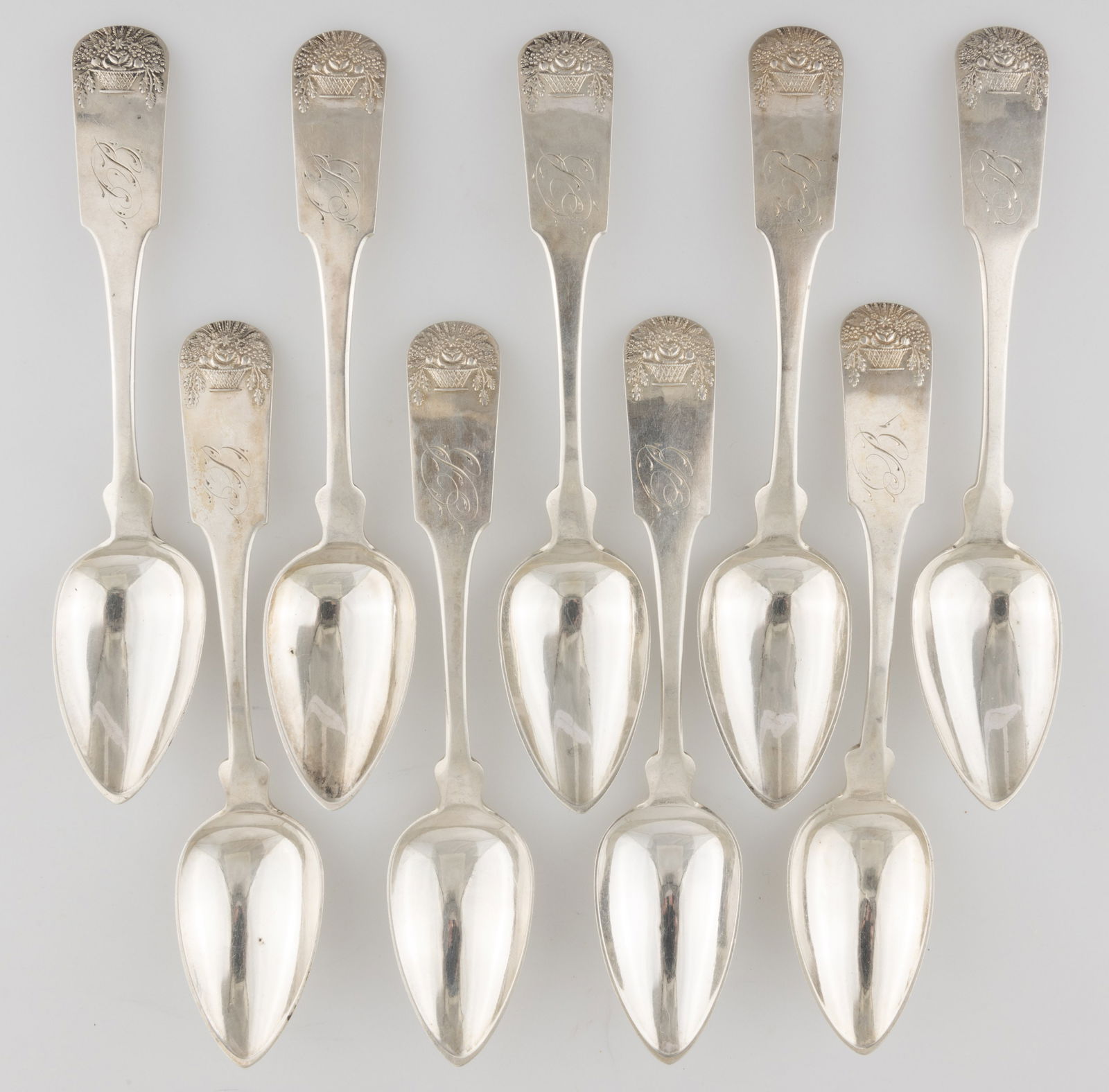 AMERICAN BASKET OF FLOWERS COIN SILVER TEASPOONS, SET OF NINE, (1 of 1)