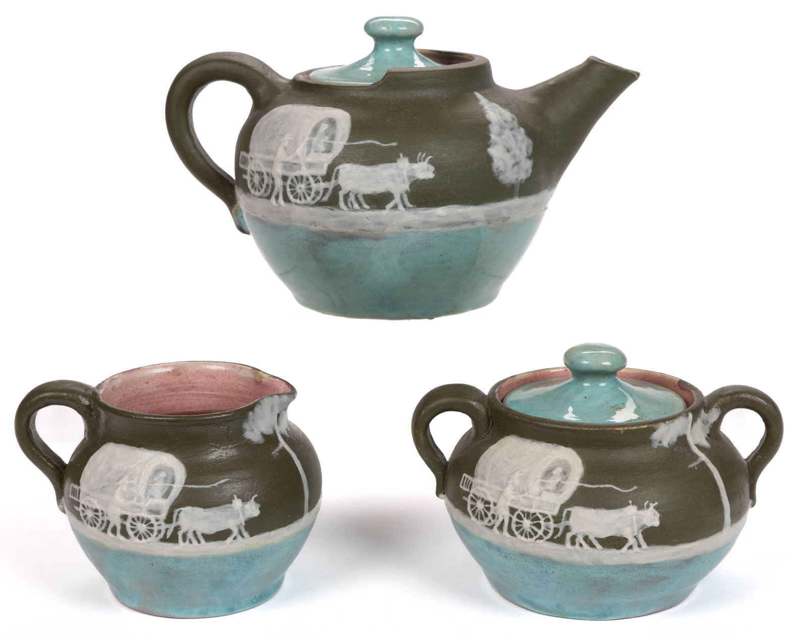 WALTER STEPHEN (AMERICAN, 1875-1961) / PISGAH FOREST CAMEO ART POTTERY THREE-PIECE TEA SET (1 of 3)